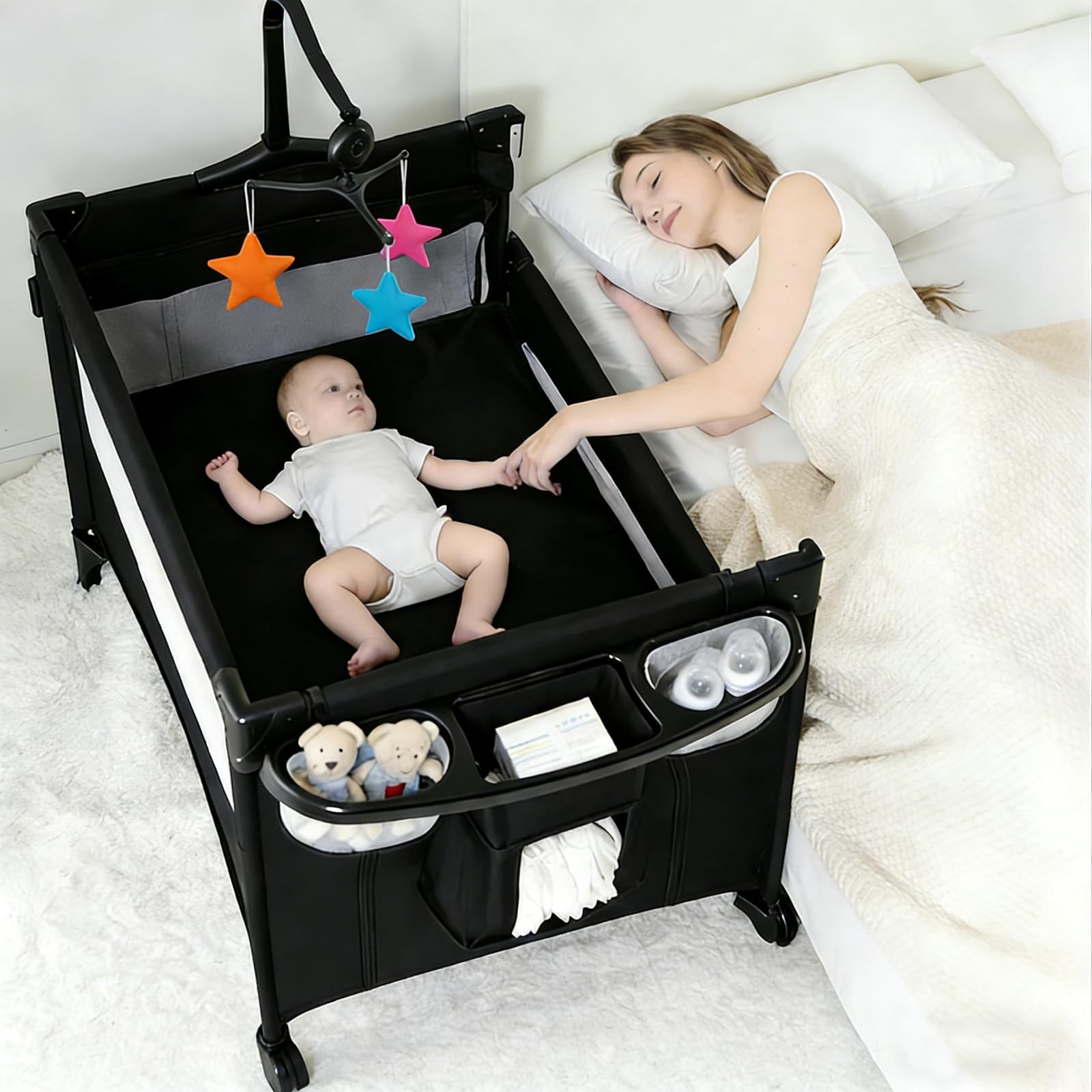 Pack and Play dziecięce łóżeczko podróżne, składane i przenośne łóżeczko pomocnicze, duży obszar do zabawy z materacem i stołem do przewijania (6602 Black Without Net)