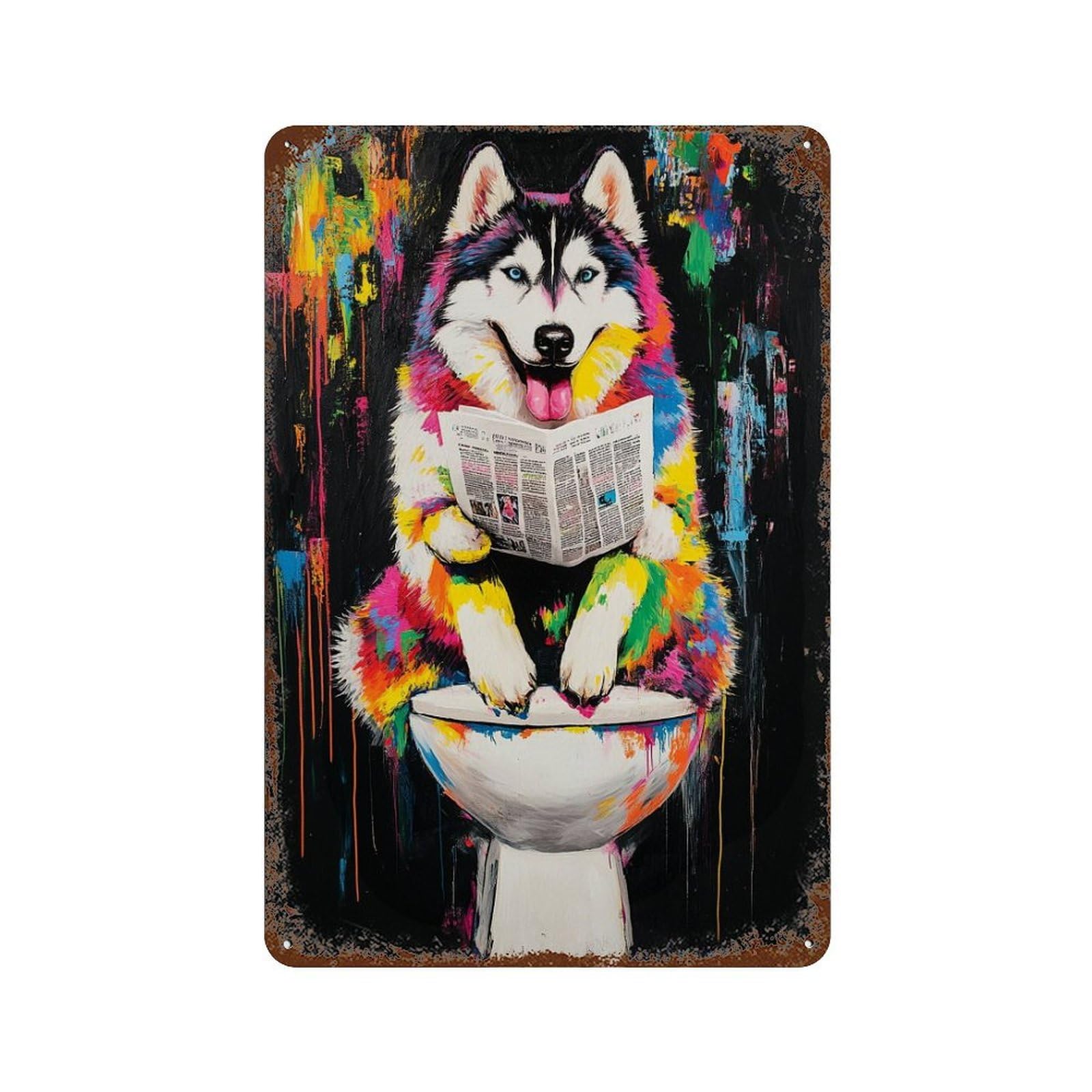 Garage Style Colorful Husky Reading Newspaper on Toilet Distressed Metal Wall Sign 11.8"x7.9", Shabby Chic Decor for Bar And Workshop