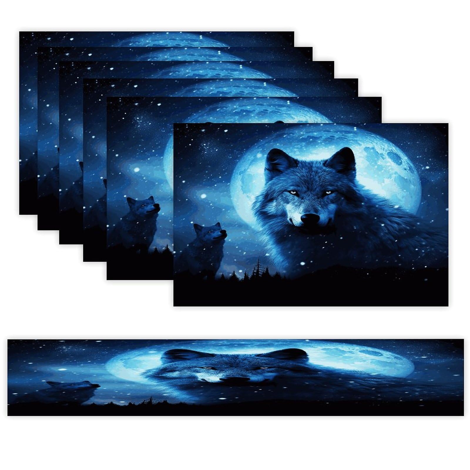 Wolfs Table Runner and Placemats Set of 6 Wipe Clean Heat Resistant Table Mat with Table Runner Decorations Flax Linen Place Mat Set for Home Kitchen Party Supplies