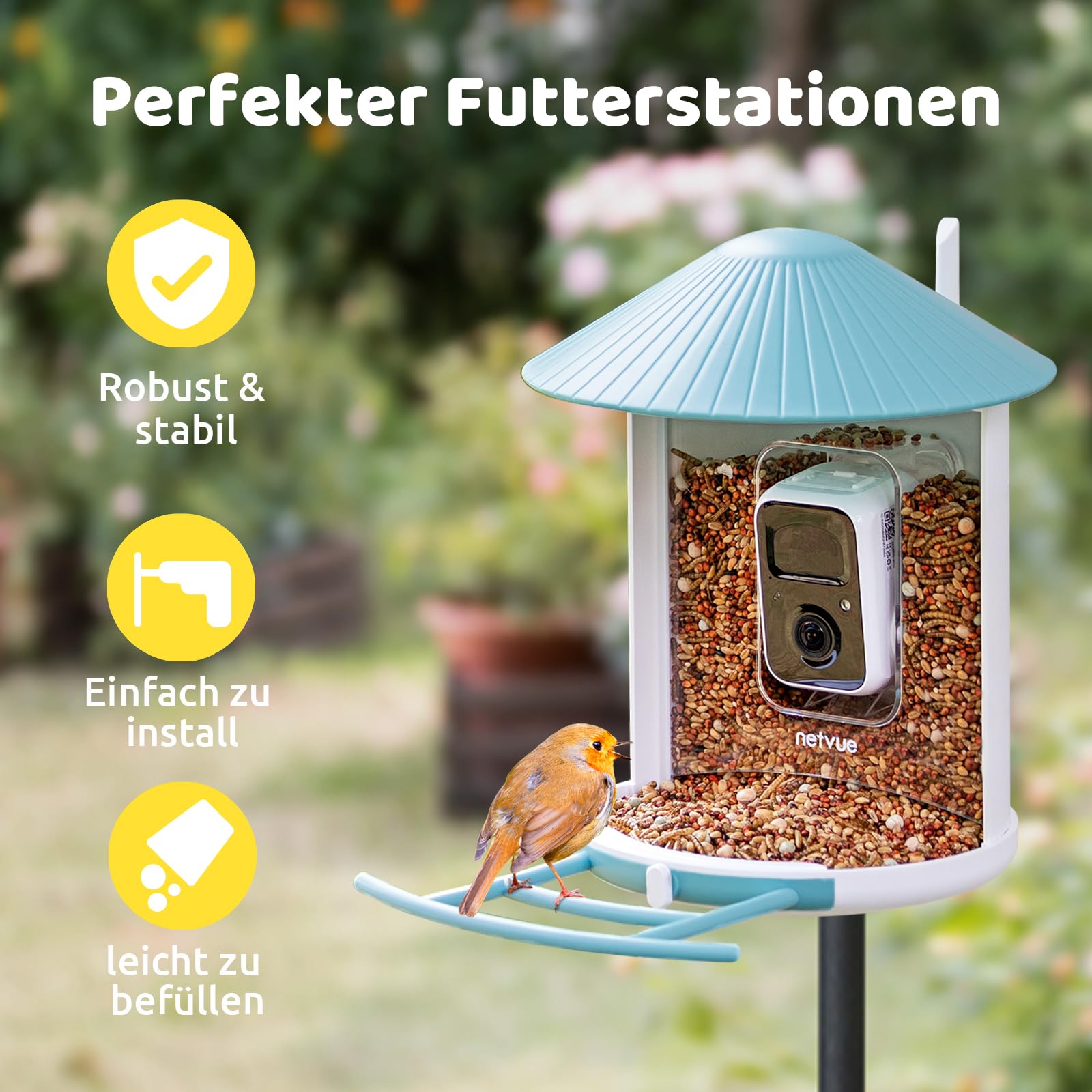 NETVUE by Birdfy Comedero Pajaros Inteligente con Cámara, Comedero Pajaros Exterior, Casita Pajaros con Cámara, Captura Automática de Videos de Aves, Reconocimiento AI de Especies de Aves