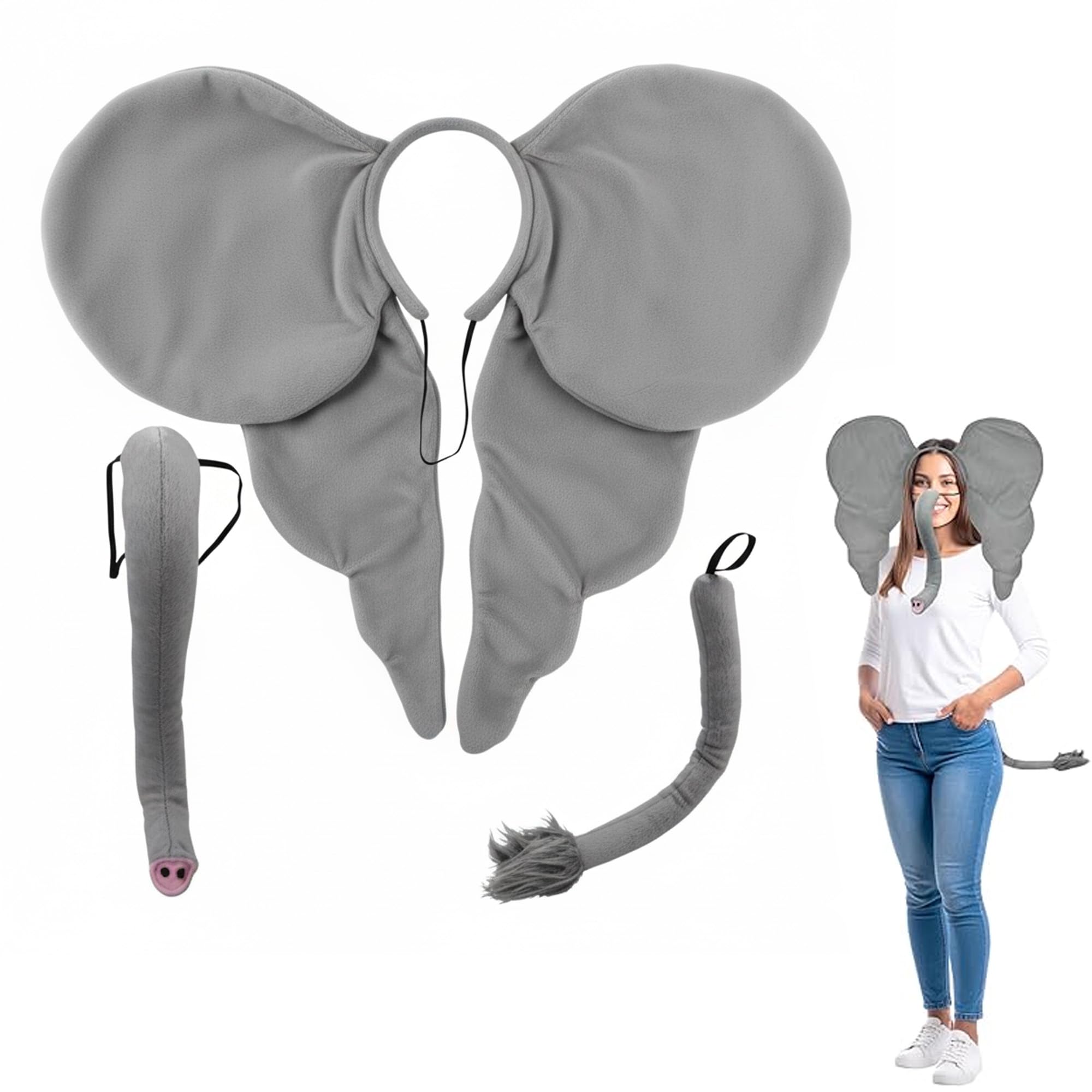 Nicky Bigs Novelties Jumbo Elephant Costume Set Oversized Ears Headband Plush Trunk & Tail for Adults Teens Safari Animal Cosplay Accessories for Halloween Theater Zoo Parties Events, Gray, One Size