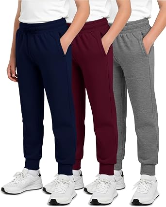 Real Essentials 3 Pack Boys Cotton Fleece Jogger Sweatpants - Active Athletic Youth Pants for Teens with Pockets