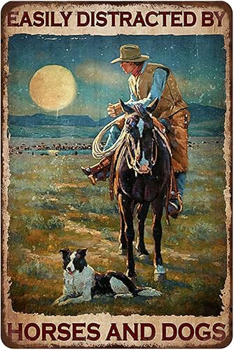 Miniatura 1 de Yoeons Letreros de metal vintage con borde Collie Cowboy que distrae fácilmente por caballos y perros, letreros de hojalata vintage divertidos para