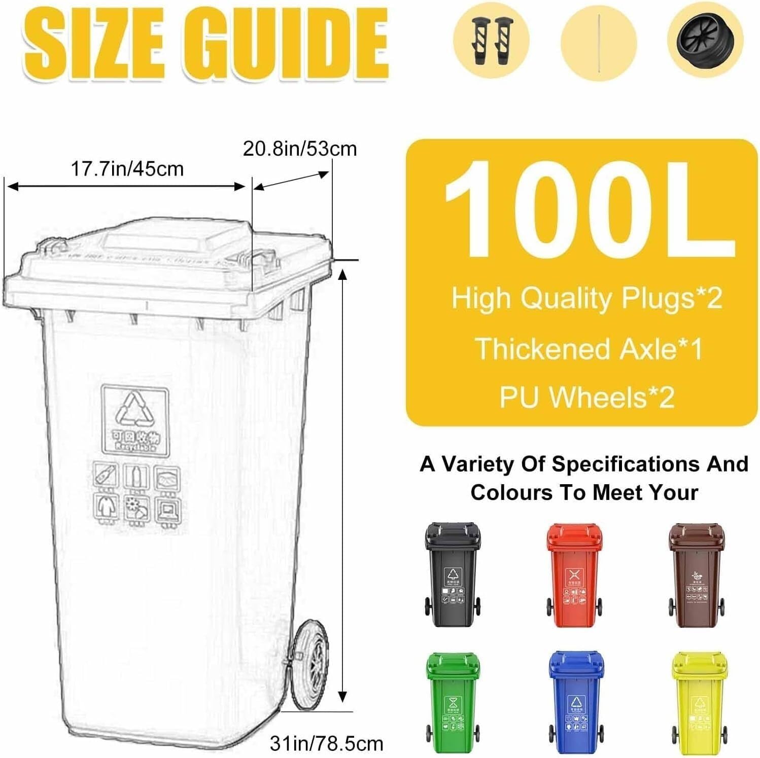 Contenedor de Basura de plástico Resistente con Ruedas para Garaje, con Tapa, para Exteriores, contenedor de Basura móvil Industrial con Ruedas reforzadas, fácil de Limpiar y Mover (Amarillo