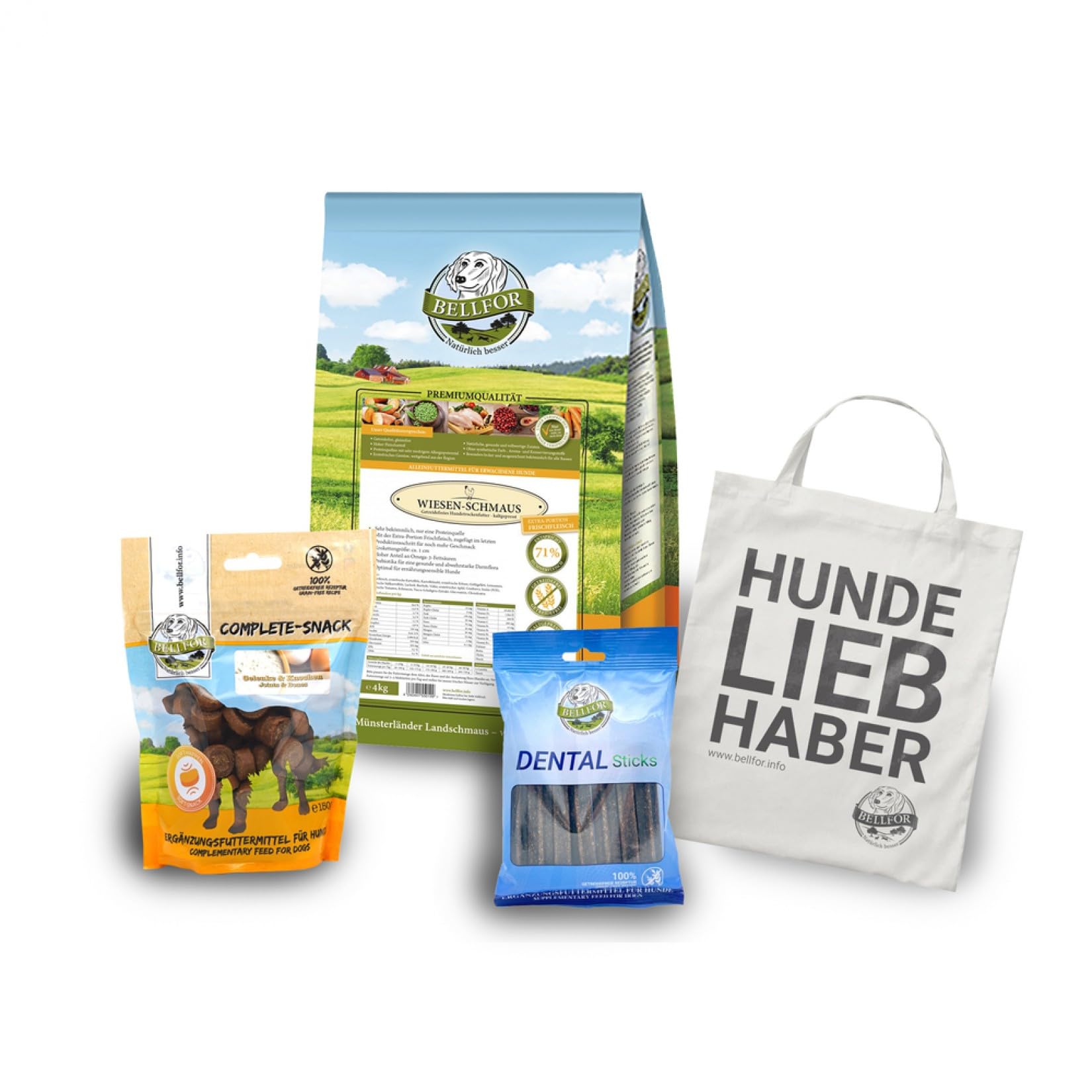Bellfor Rottweiler Futter Set Wiesen-Schmaus 4 kg Dental Sticks 100g Gelenke & Knochen Kapseln 30 Stück mit Ovopet Jutebeutel