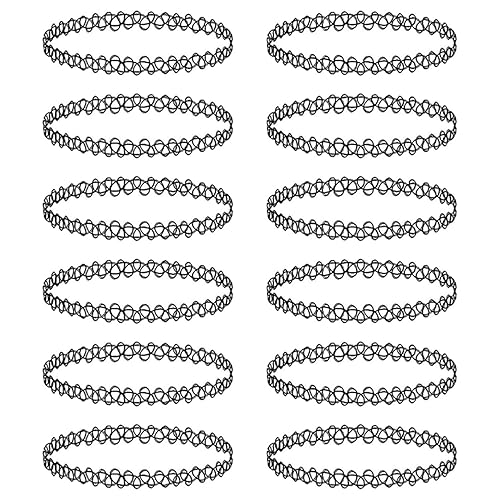 BodyJ4You 12PC Tattoo Choker Necklace - 90s Accessories 2000s Jewelry Y2K Fashion Vintage Trendy - Rainbow Goth Black Pink Green Blue White - Adjustable Stretchy Elastic Necklace Summer Vacation Set - Black