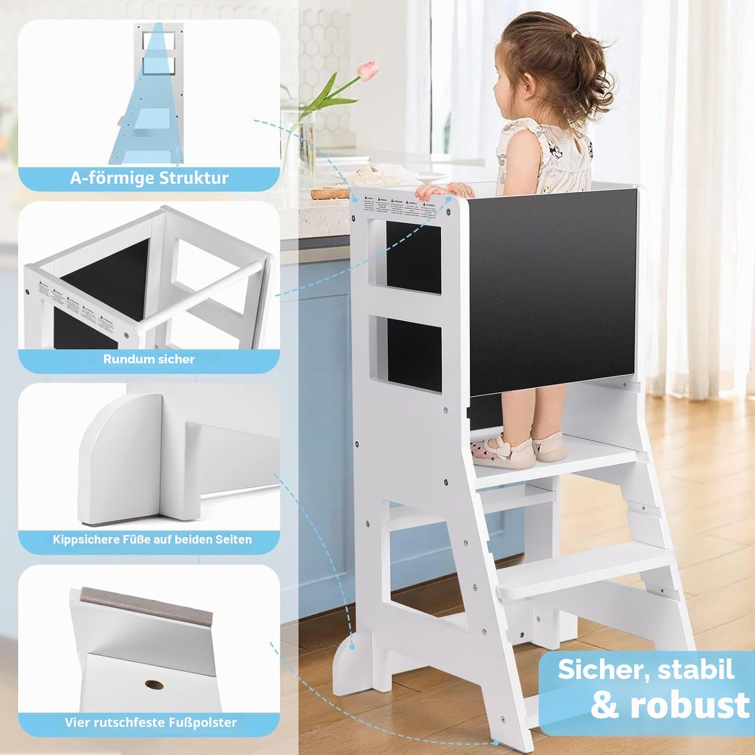 KIDINIX Lernturm mit 3 verstellbaren Höhen, Learning Tower mit magnetischem Whiteboard und Abnehmbarer Kreidetafel, Höhenverstellbar, Montessori-Lernstuhl für Küche und Bad, Kippsicher, Weiß
