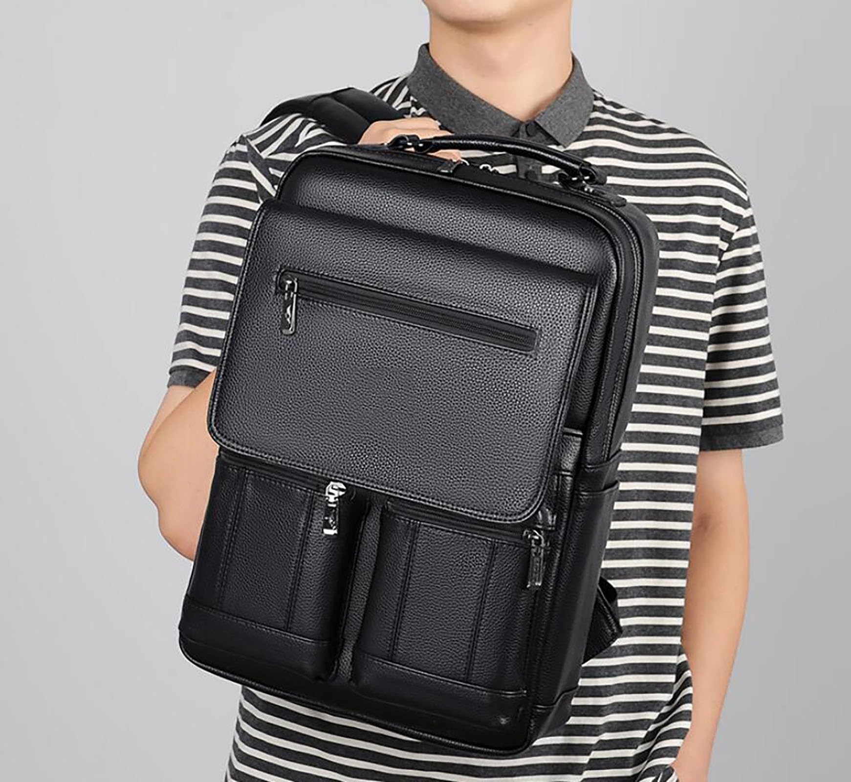 Mochila de cuero de la PU de los hombres, mochila casual de gran capacidad para computadora negra para viajes de ocio de oficina de la escuela de negocios