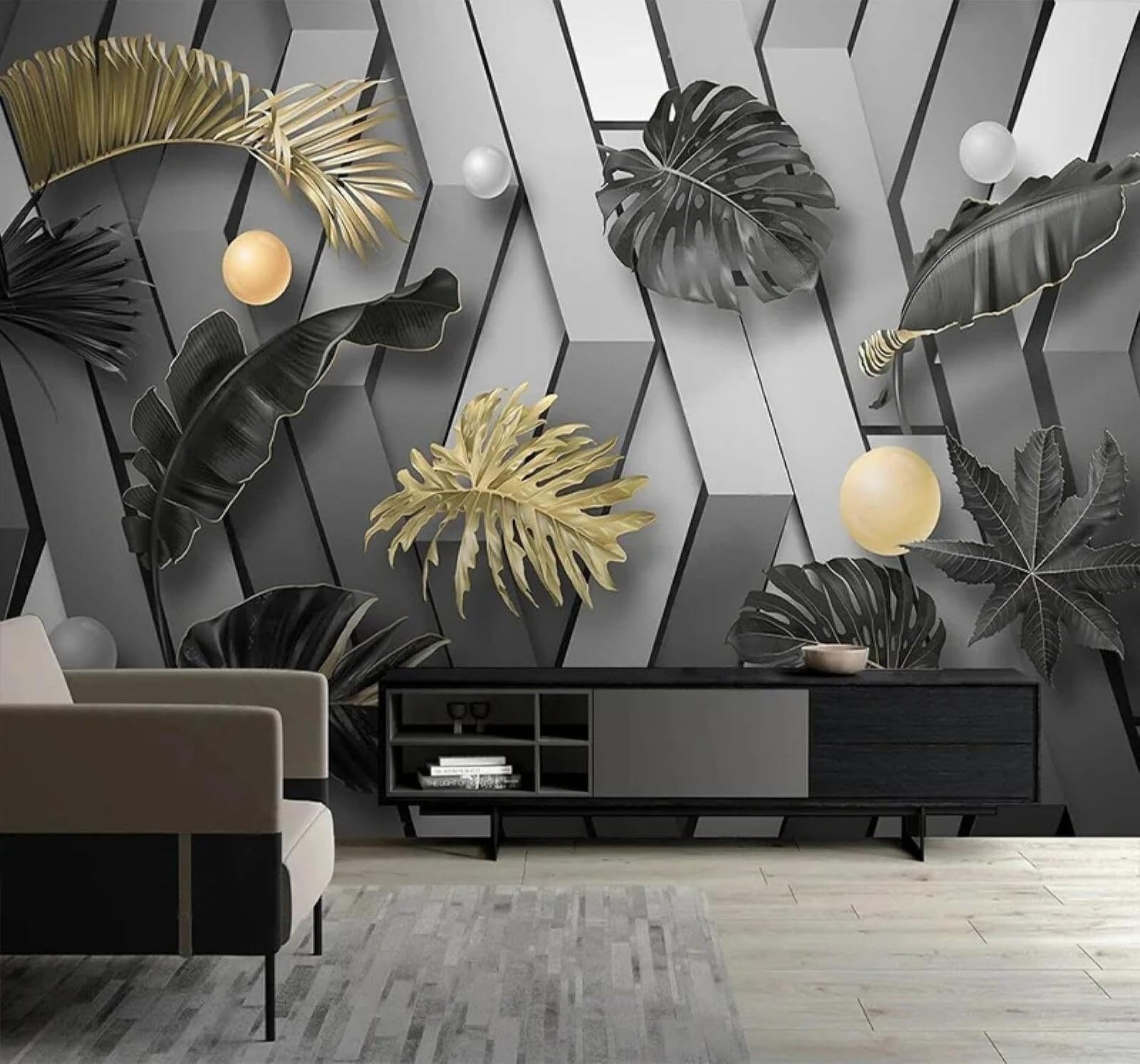 Xlming 350Cm×256Cm(B×H) Three Dimensional Gold Leaf Black Leaves Geometric 3D Wallpaper Luxury Silk Study Dining Feature Sofa Grey Bedroom Living Room Tv Decorative Wall-350Cm×256Cm