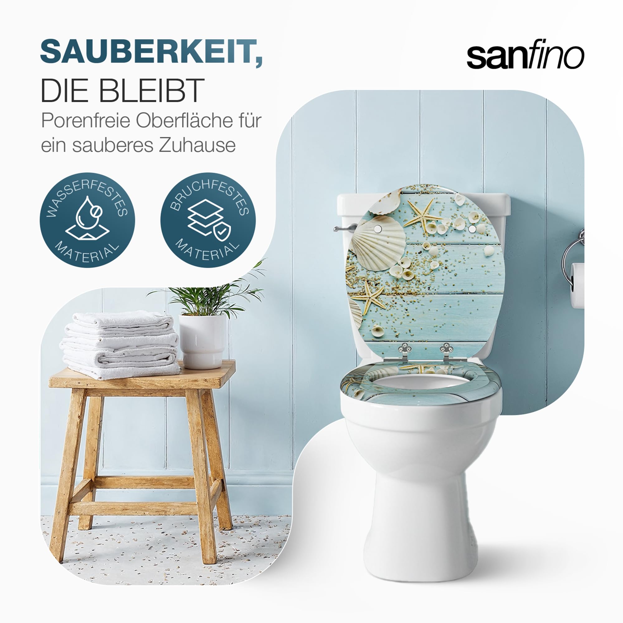 Premium WC Sitz mit Absenkautomatik – hochwertige Toilettendeckel aus Holz, viele bunte Motive, hoher Sitzkomfort, einfache Montage inklusive Montageanleitung – "Caribbean Blue"