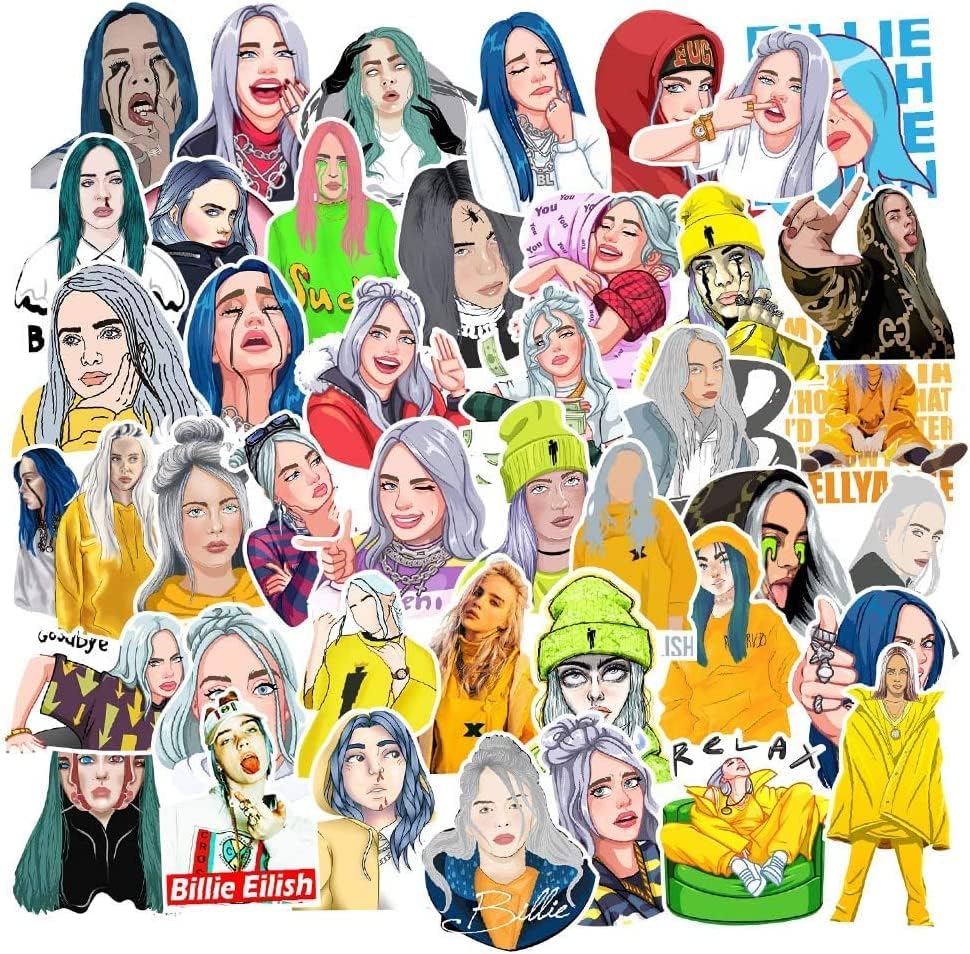 50pcs Singer Billie E_ilish Stickers, Waterproof Vinyl Stickers for Water Bottles, Trendy Country Singer Vinyl Decals for Teens Laptop Phone Luggage Guitar Notebook Journal Skateboard Bumper …