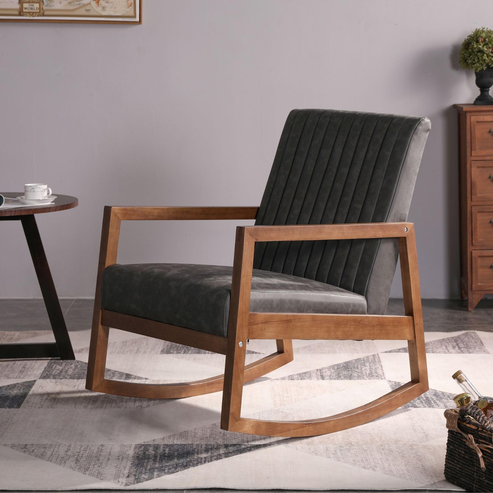 Ya-Home Leather Rocking Chair for Adults Armchair With Wooden Arms, Gray