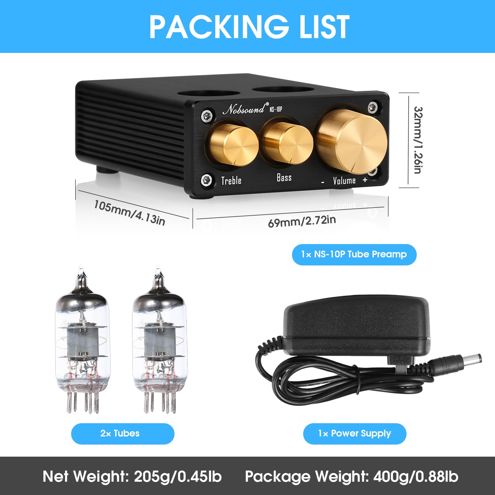 Nobsound NS-10P Mini Vorverstärker Valve Tube Preamp Audio Hi-Fi Stereo Röhrenvorverstärker mit Höhen Bass Regler