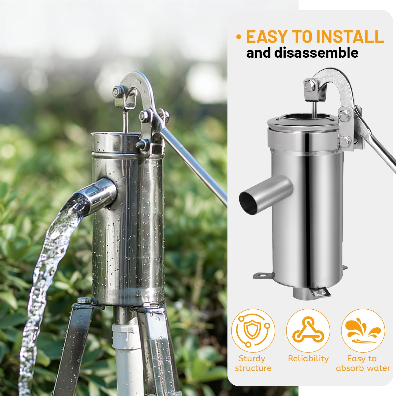 DBREAKS Pompe à eau manuelle en acier inoxydable, pompe à eau manuelle pour jardin jusqu'à 10 m de profondeur, pour maisons, jardins, cours, étangs