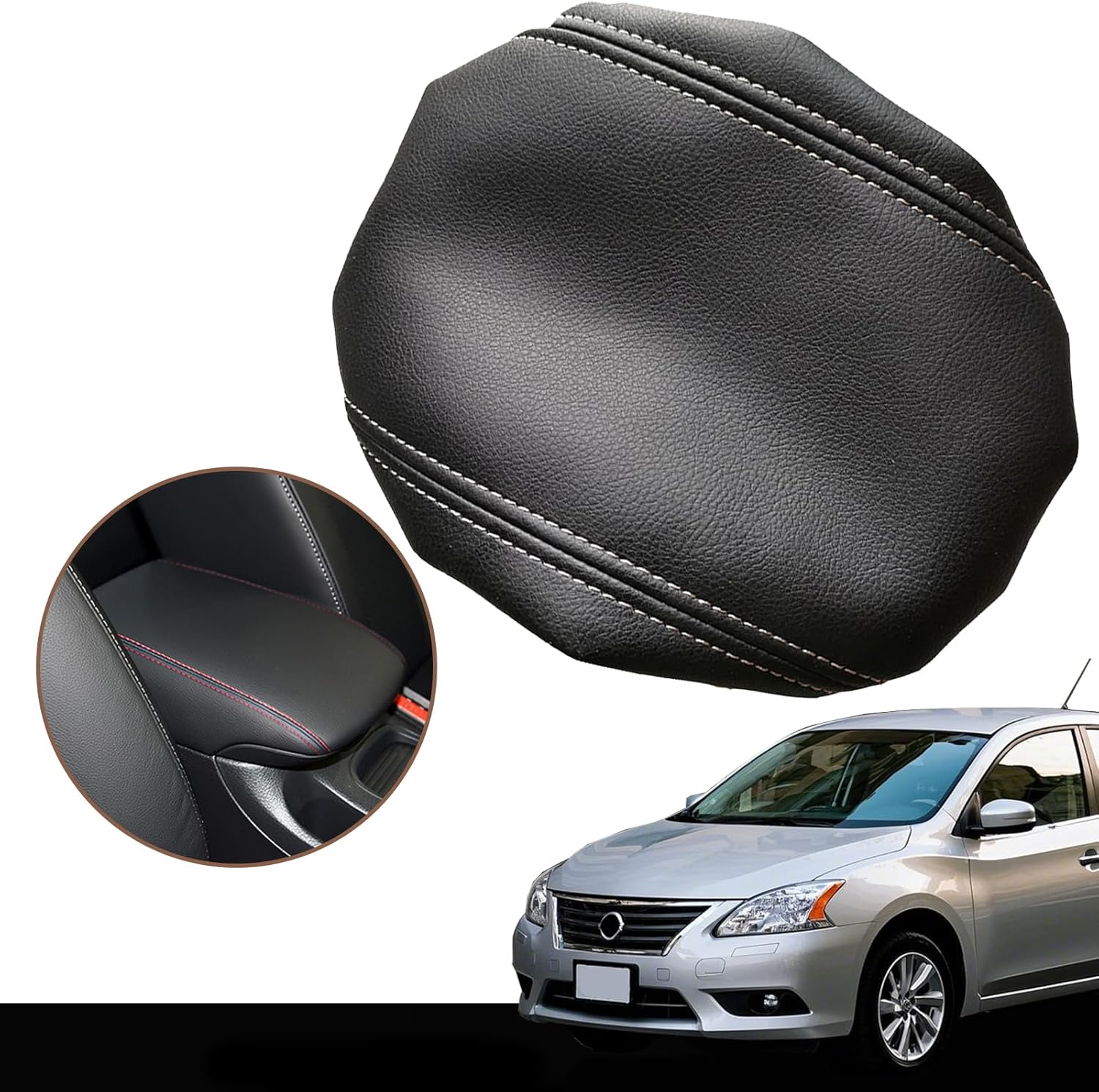 O SHI CAR Center Console Armrest Cover for Nissan Slyphy Sentra 2012 2013 2014 2015 2016 2017 2018,Leather Middle Console Lid Cover Pad Protector Elbow Arm Rest Covering Car,Black Gray