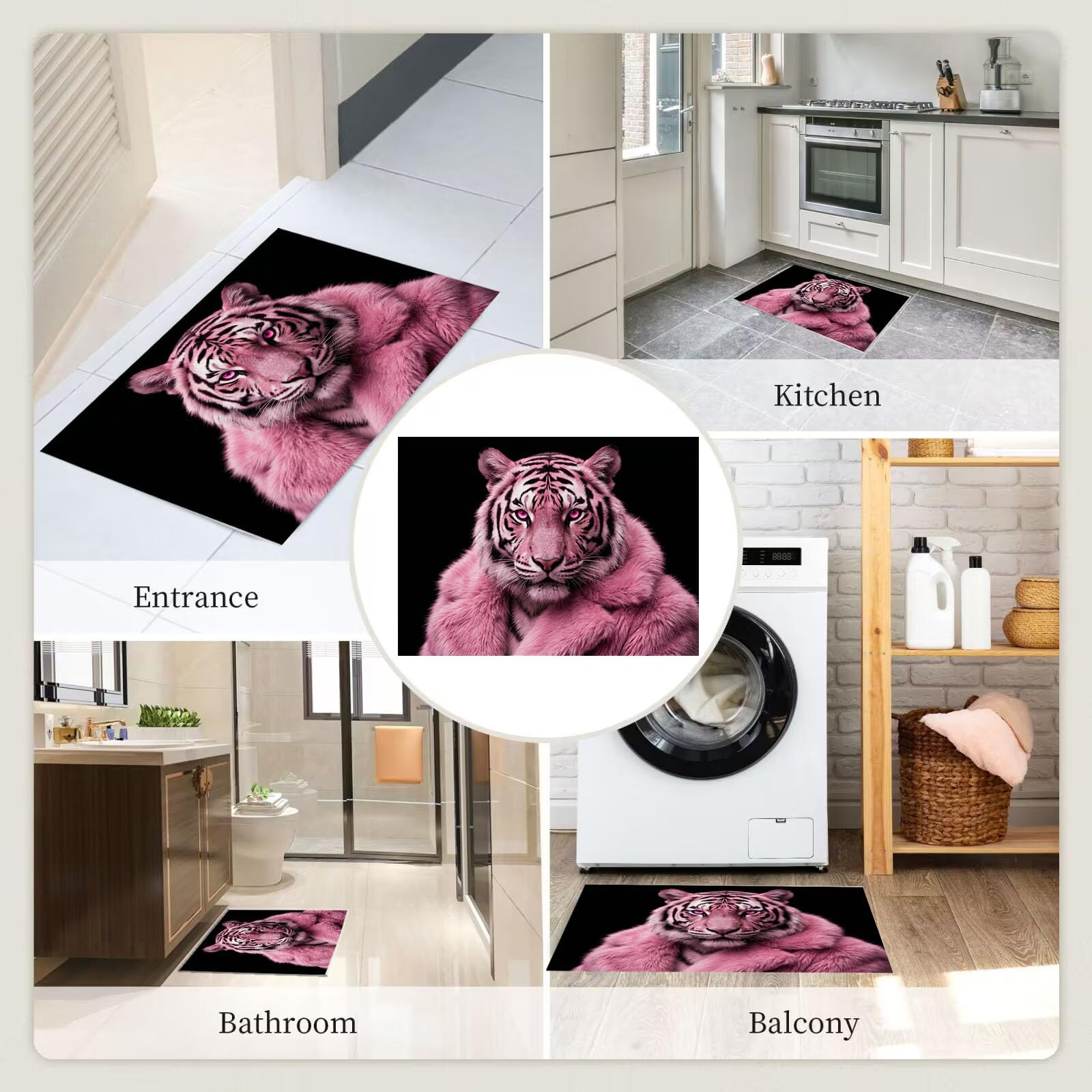 Zerbino Ingresso Interno Ritratto Di Tigre Rosa Alla Moda, Zerbino Di Benvenuto Lavabile Morbida Animali D'Avanguardia, Antiscivolo Tappeto Da Decorazioni Nero Per Casa Porta, 60X90Cm