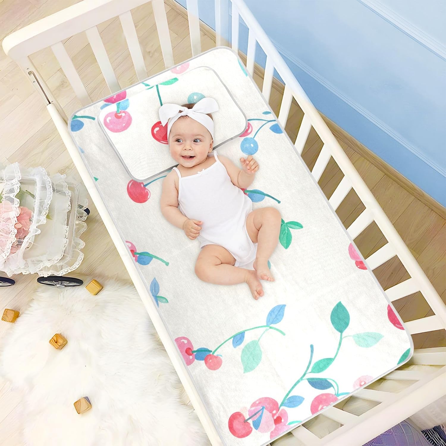 Cooling Baby Play Mattress 28" x 52"Absorbent Pads for Bed for Baby&Toddler Watercolor Cherry Red Cute
