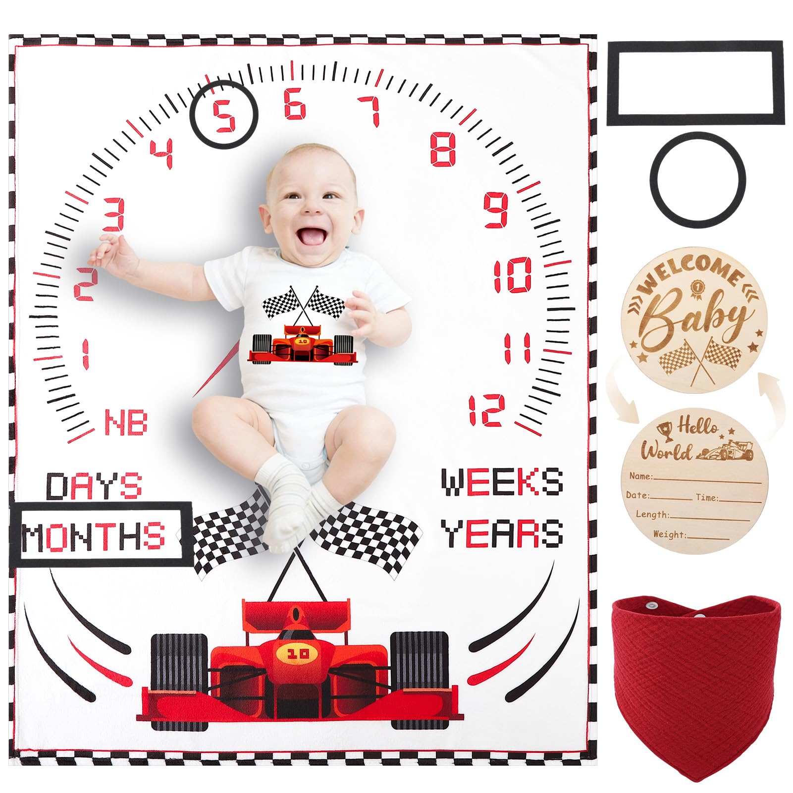 GSrenyu Baby Milestone Blanket Set,Flannel Monthly Milestone Blanket and Red Drool Bibs,Photo Prop for Newborn Boys and Girls Includes Felt Frame(Racing)