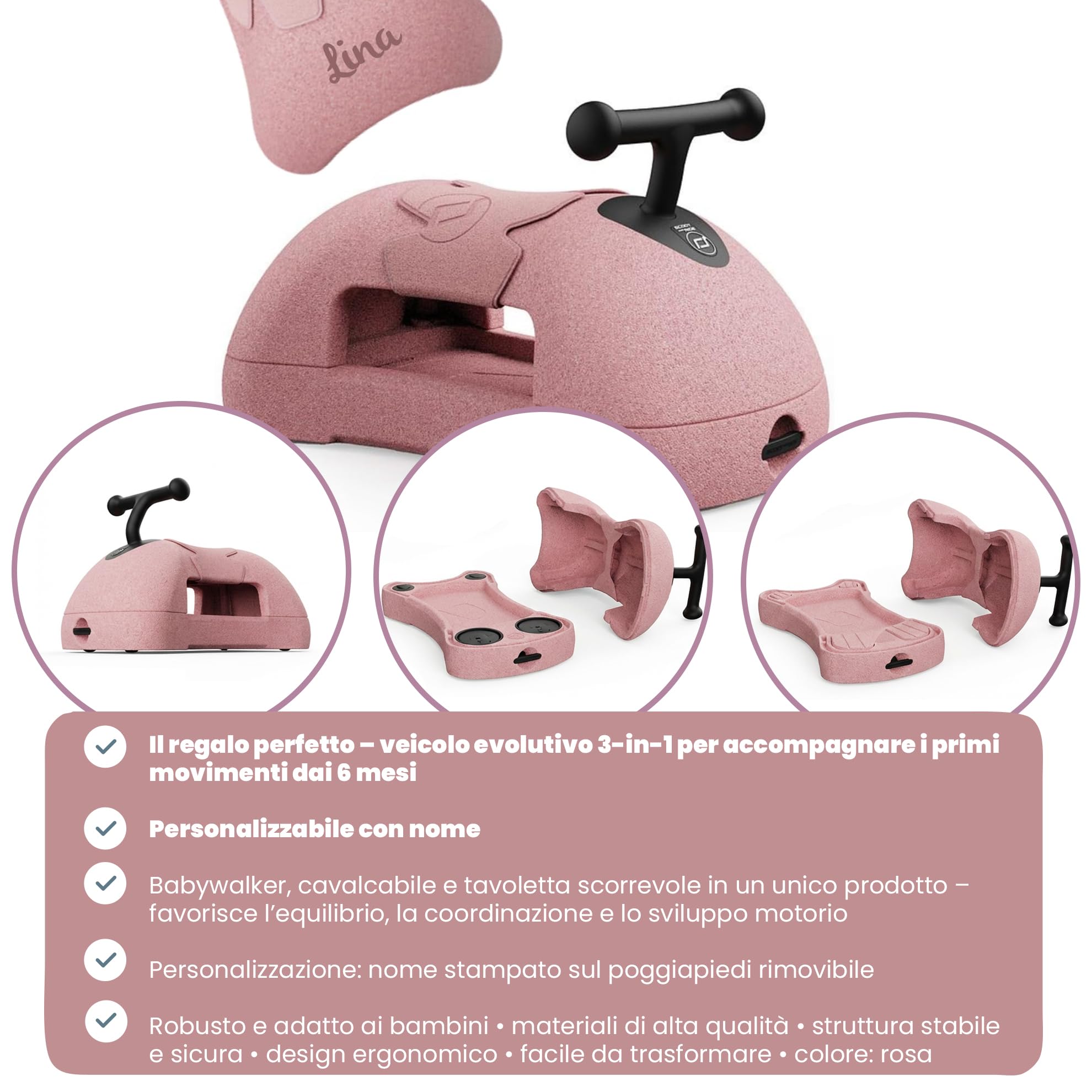 Scoot and Ride – My First 3in1 Rosa – girello per bambini & cavalcabile/tavoletta da spinta – per bambini dai 6 mesi – personalizzato con nome