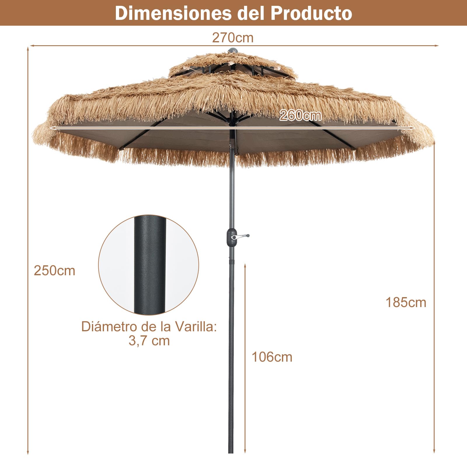 GOPLUS Sombrilla Paja Hawaiana 3/2,7m, Parasol de Jardin Inclinable con 8 Varillas, Sombrilla Terraza Exterior con Techo Doble para Piscina，Patio