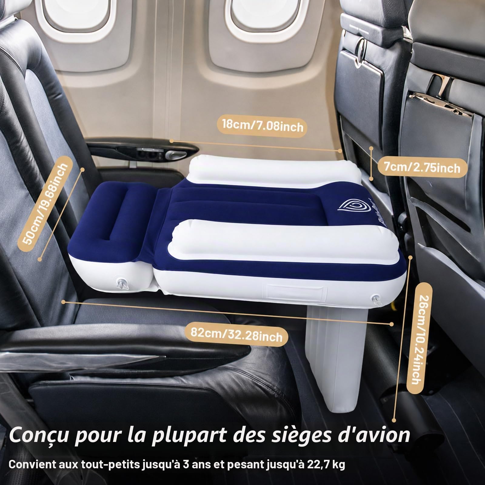 Flyaway Lit de voyage pour enfant avec côtés hauts, ceinture de sécurité, lit gonflable qui s'adapte à la plupart des sièges de