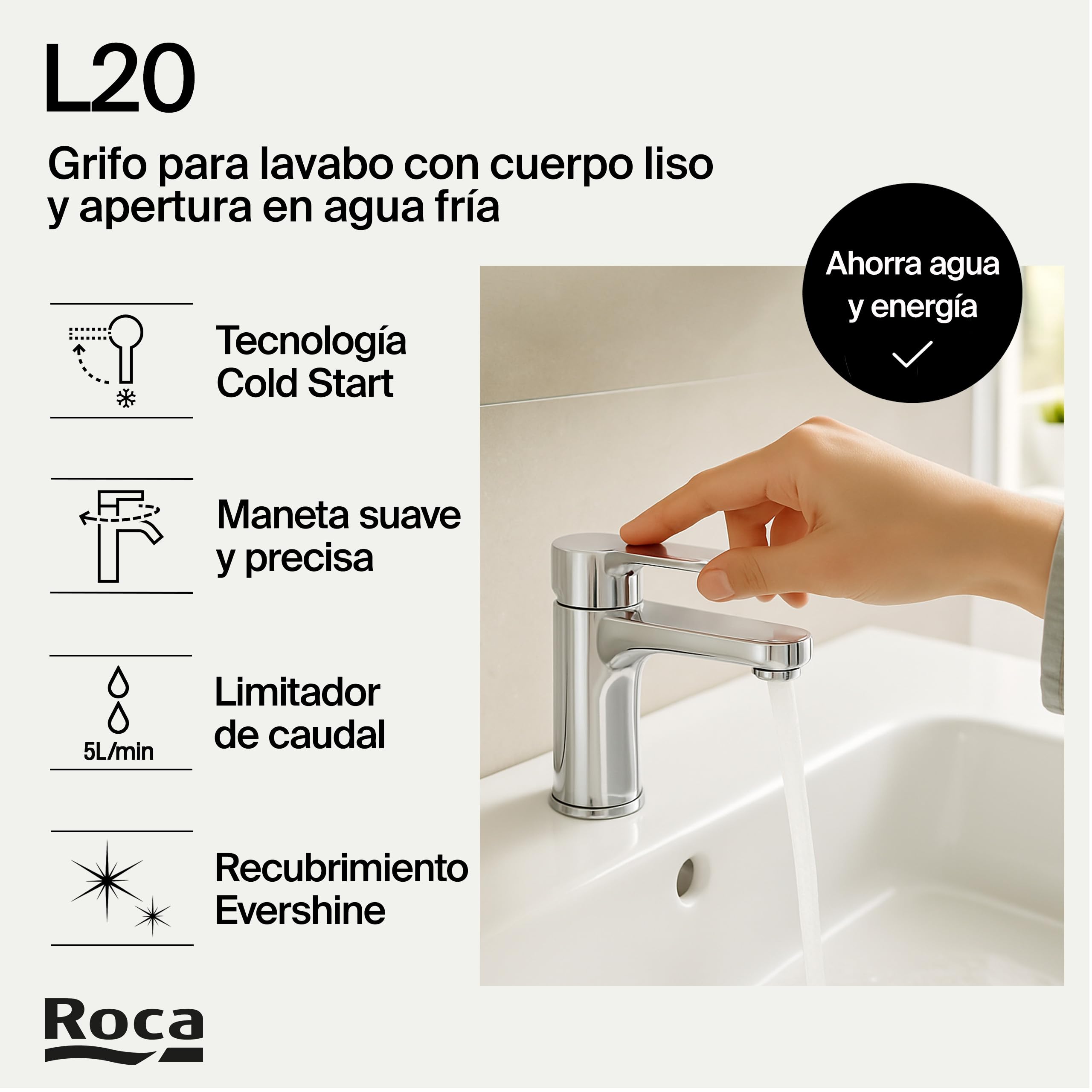Roca L20 Grifería para lavabo con tecnología Cold Start, grifo monomando de repisa con enlaces de alimentación flexibles, mezclador para cuarto de baño de fácil instalación, cromado, A5A3K09C00