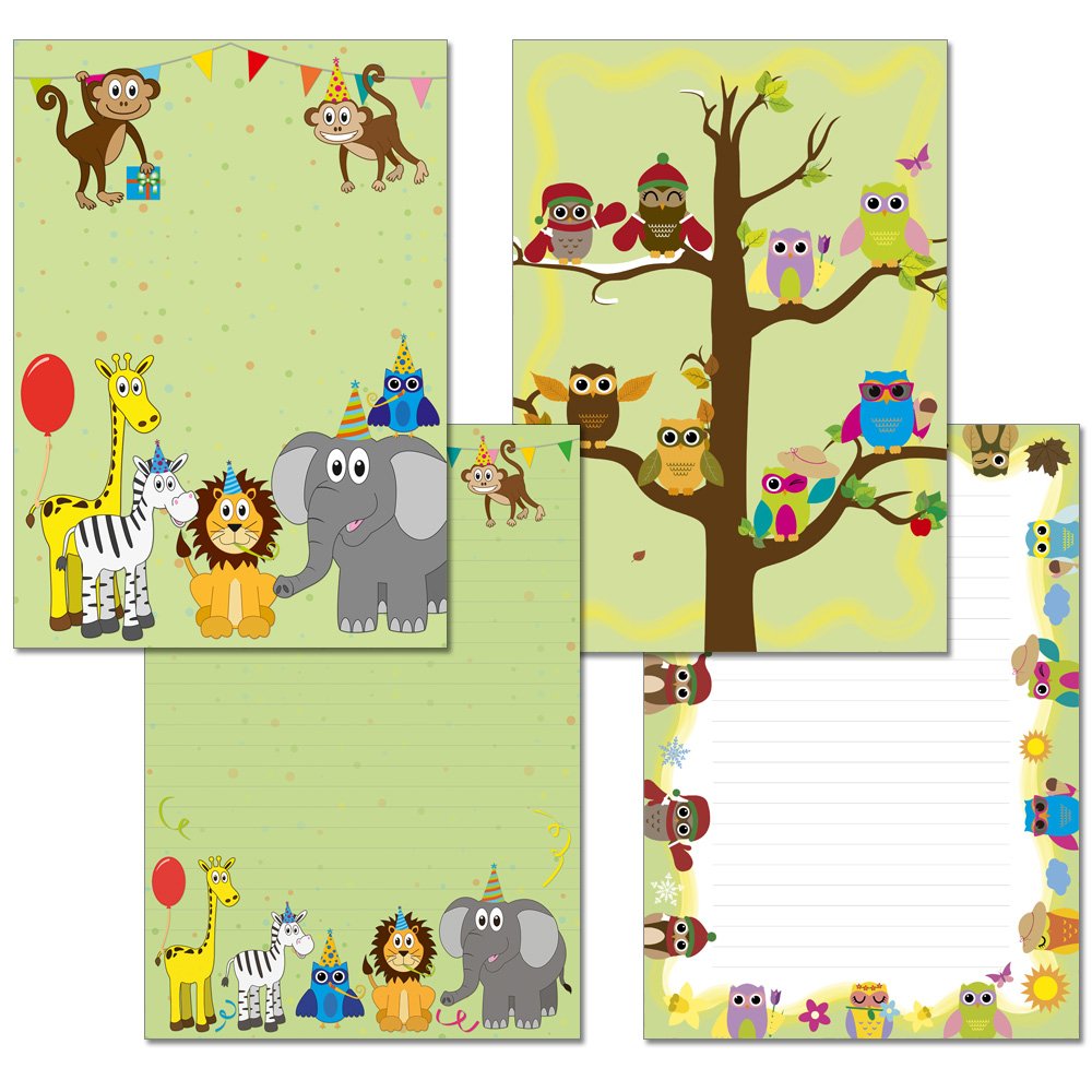 Pack of 2 writing pads, 1 x colourful animals, 1 x owls, four seasons each, 24 sheets, format DIN A4 with cover sheet 7020 + 7330
