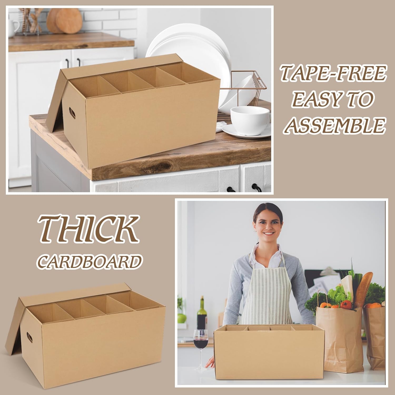 Fuyoooo 4 Pack Large Dish Packing Boxes for Moving with Divider 24 x 12 x 11 Inch Kitchen Moving Boxes with Reinforced Handle Lid Packing Supplies for Dishes and Glassware(Brown)