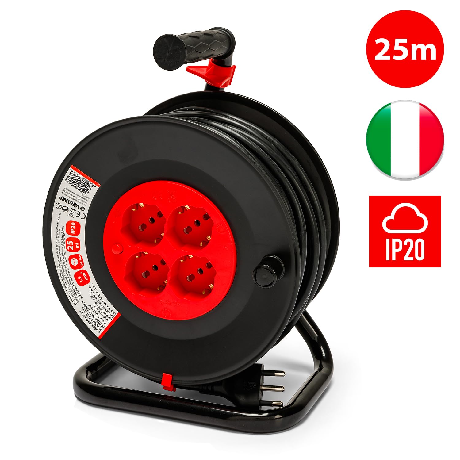 VELAMP REEL-IT-25 - Alargador eléctrico con enrollacables 25 m - 4 tomas polivalentes (Schuko + 10/16 A) - Enchufe grande 16 A - Interruptor de protección - Cable eléctrico multipolar 3G sección 1,5