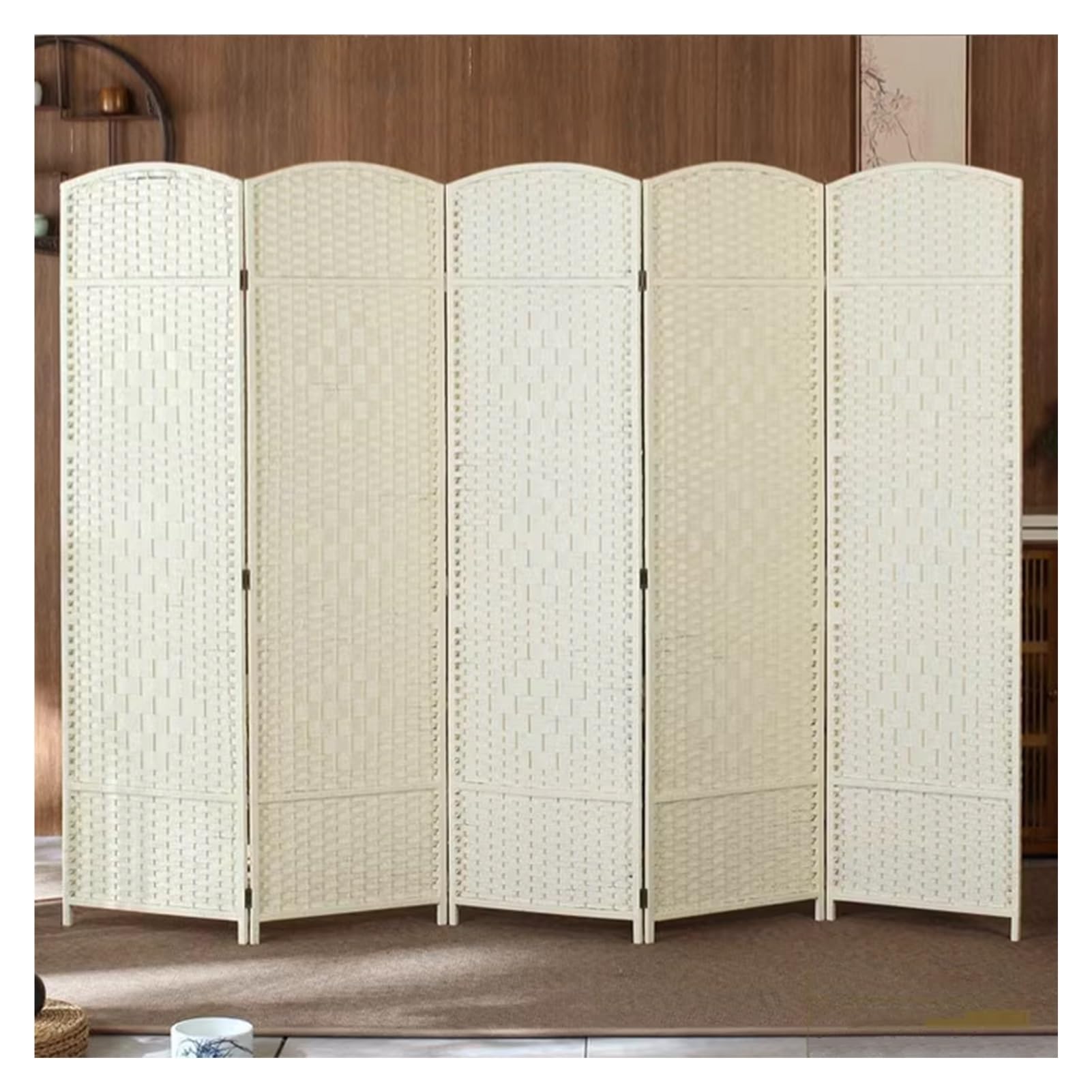 Séparateur de pièce en rotin blanc 5 panneaux : paravent occultant intérieur extérieur