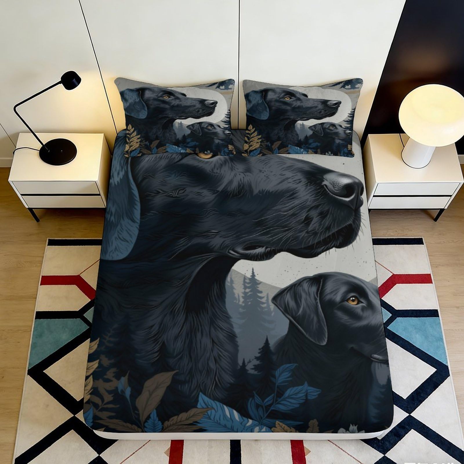 Wtorimpel Style-3 3D Printed Black Dog Fitted Sheet Microfiber Deep Pocket Non-Slip Bedding Set For Adults Bedroom Black Dog Mattress Fitted Cover 200X200x25cm