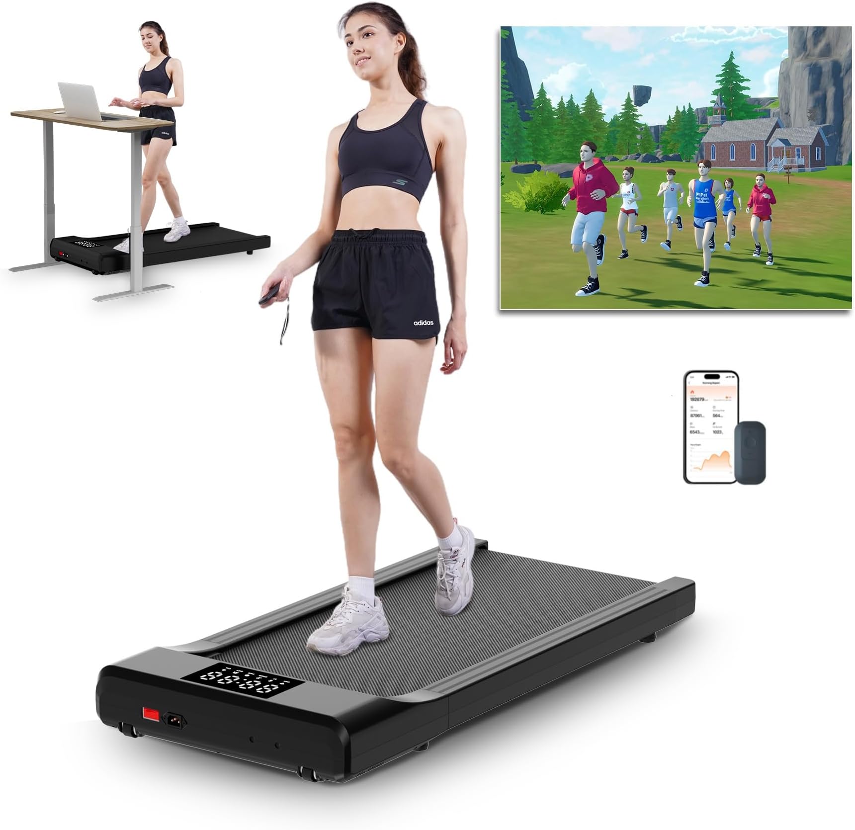 DeerRun 2025 Upgrade Walking Pad - Raceable Smart Under Desk Treadmill with Rewards Program, Quick Setup, 2.5HP, APP/Remote Control, LED Display, 300 lbs Capacity