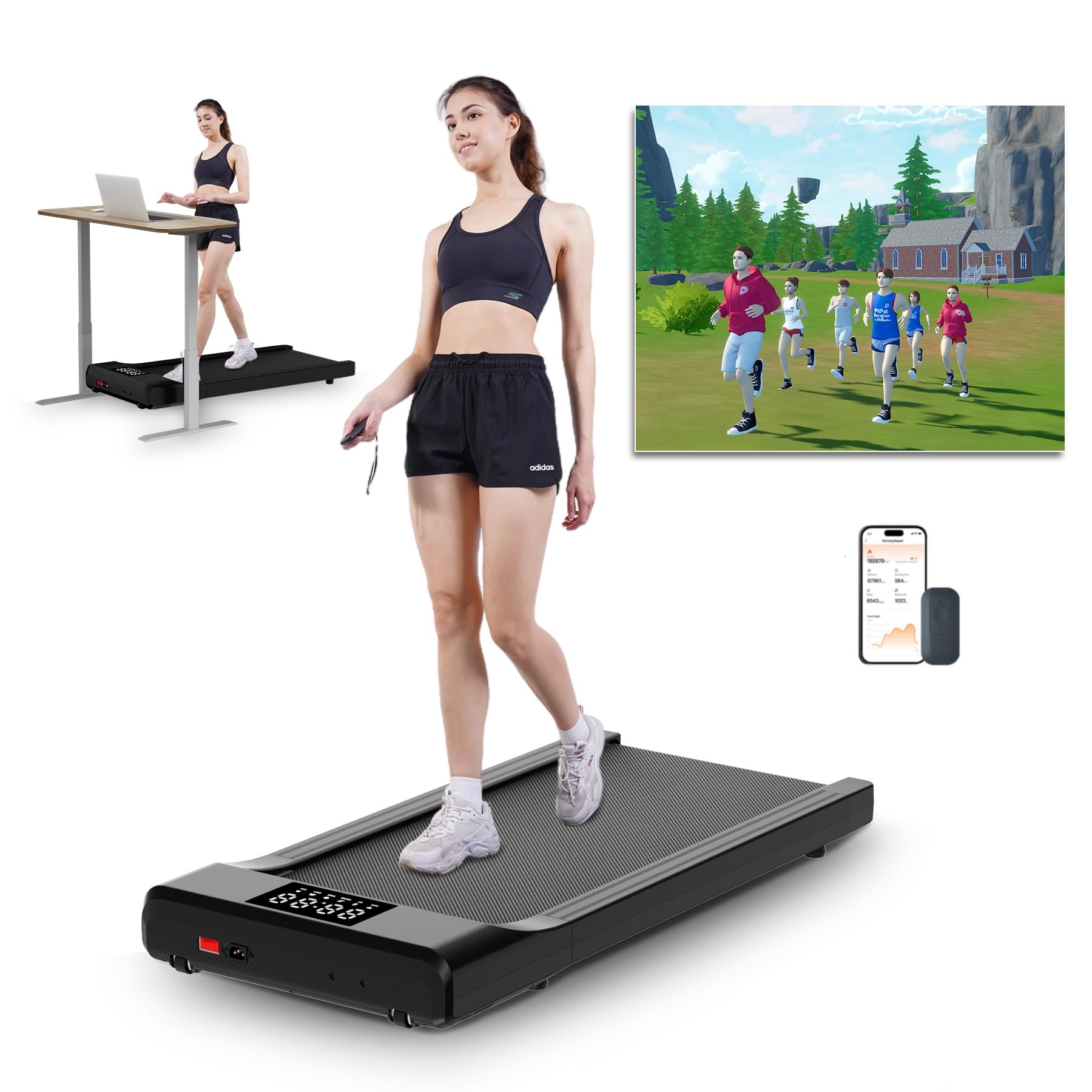 DeerRun 2025 Upgrade Walking Pad - Raceable Smart Under Desk Treadmill with Rewards Program, Quick Setup, 2.5HP, APP/Remote Control, LED Display, 300 lbs Capacity