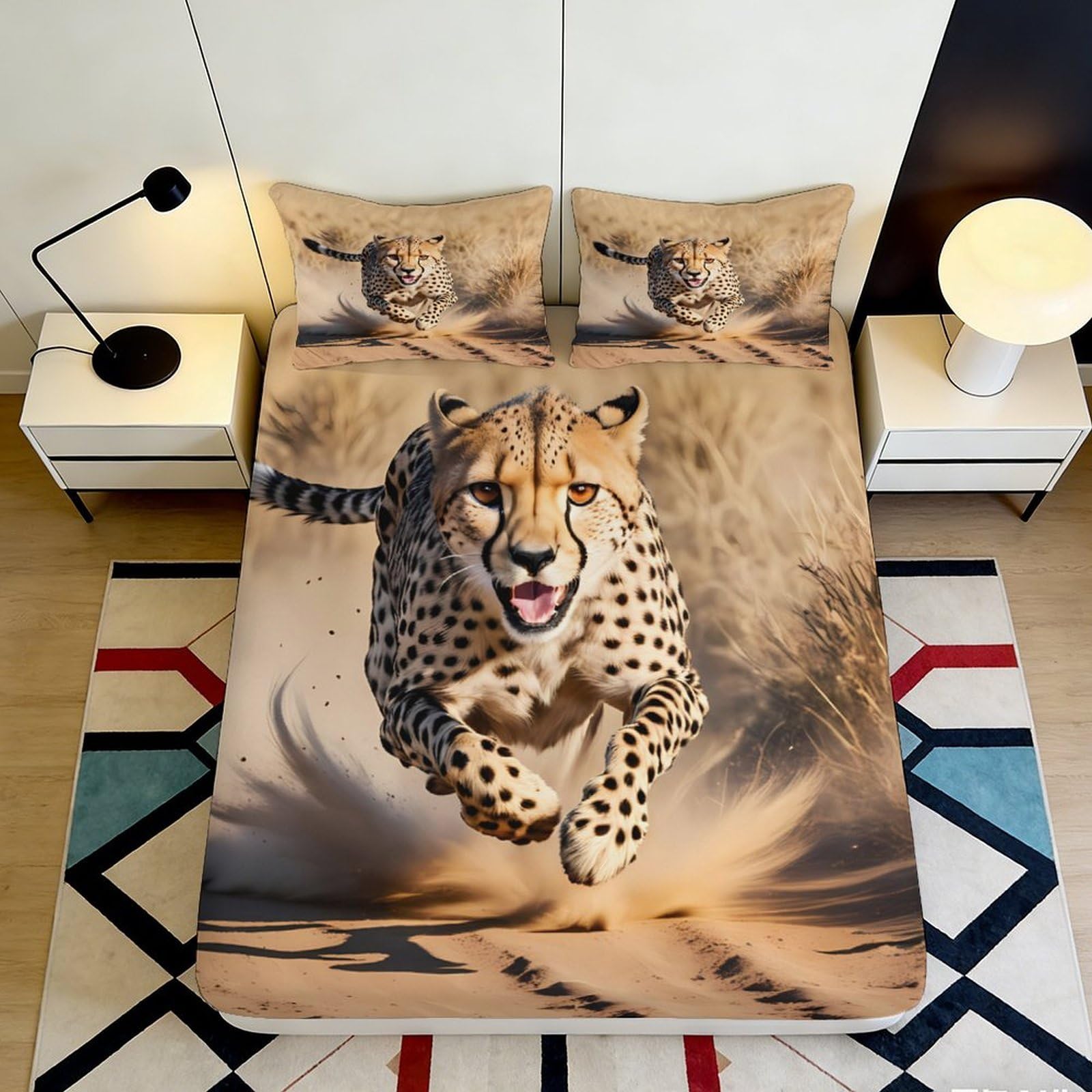 3D Printed Cheetah Pattern Fitted Sheet Microfiber Soft Breathable Running Leopard Bed Cover for Bedroom Dormitory Guest Room Mattress Protection 200x200x25cm