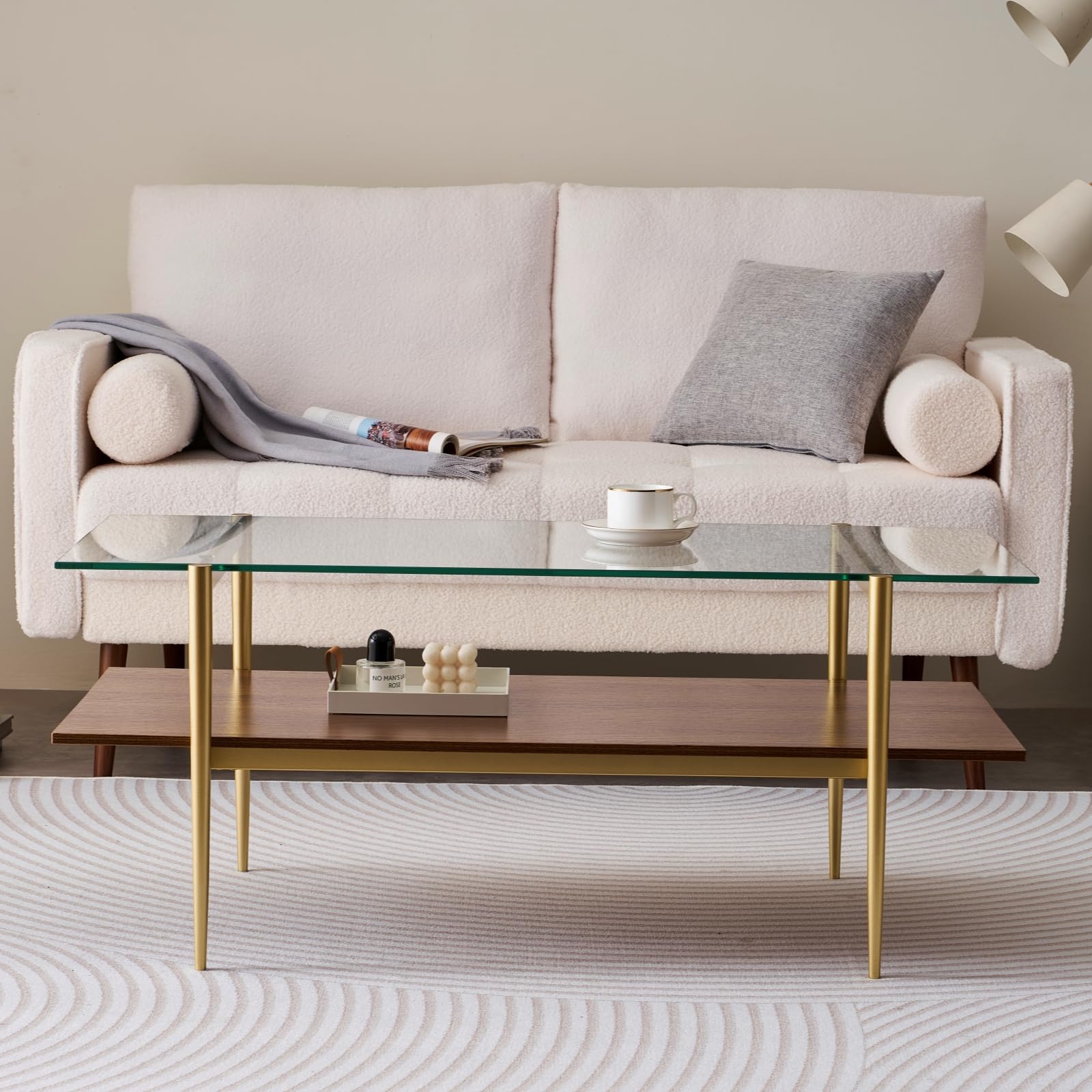 Mesa auxiliar rectangular, diseño moderno de mediados de siglo, 21 pulgadas de largo x 17 pulgadas de alto, para sala de estar, estructura de 2 niveles, parte superior de vidrio transparente y 3