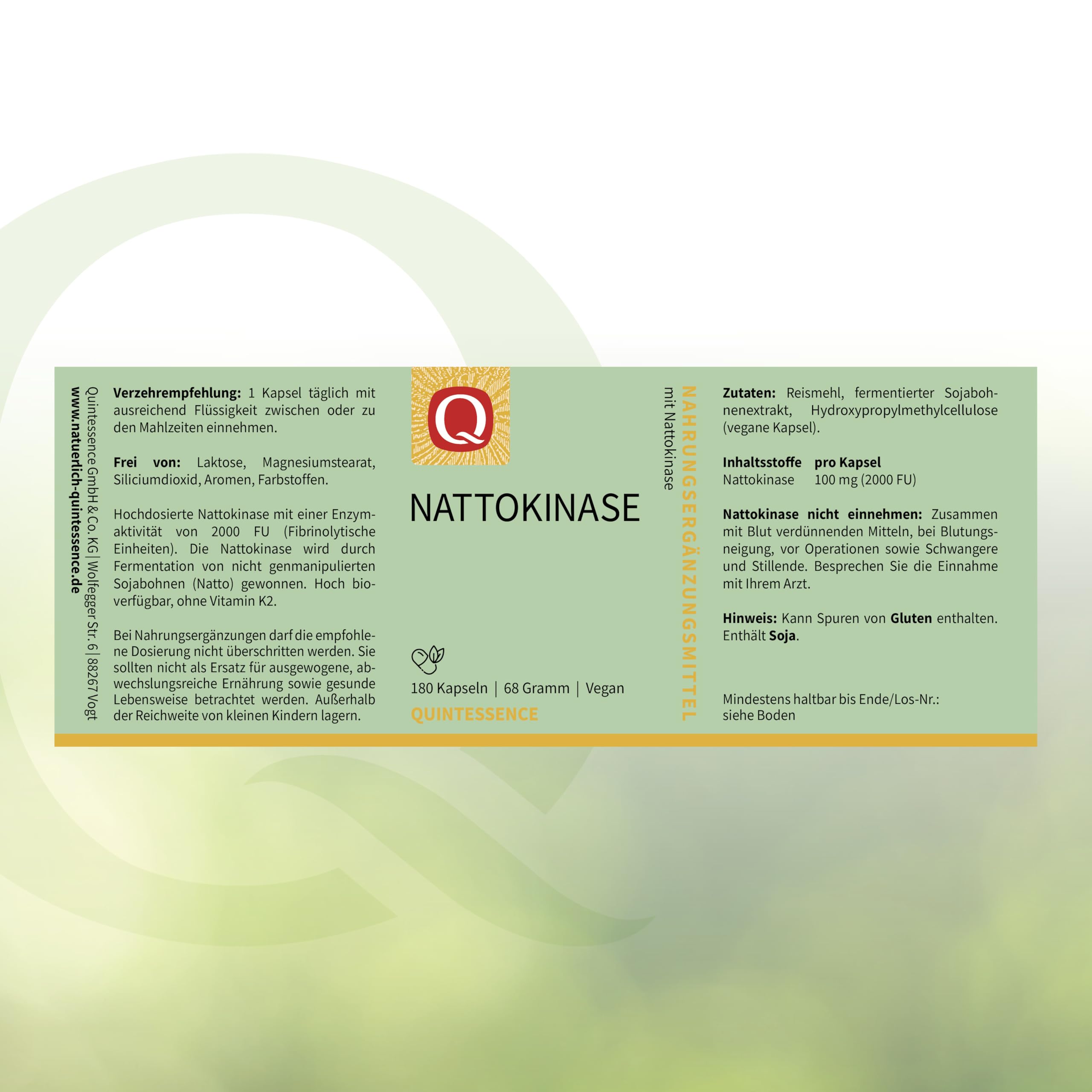 Quintessence Nattokinase Kapseln 180 Stk. - Nattokinase hochdosiert, Vegan & ohne Zusatzstoffe, Aus natürlicher Fermentation, 100mg pro Kapsel, Produziert in Deutschland