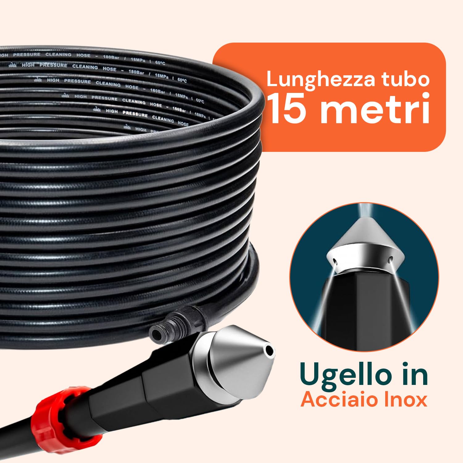 Sonda Sturatubi 15m per Idropulitrice - Tubo Alta Pressione 160 bar di Resistenza, Flessibile, Ugello Autopropellente - Set 4 Adattatori Universali, Scarichi, Condotti e Tubazioni Intasate