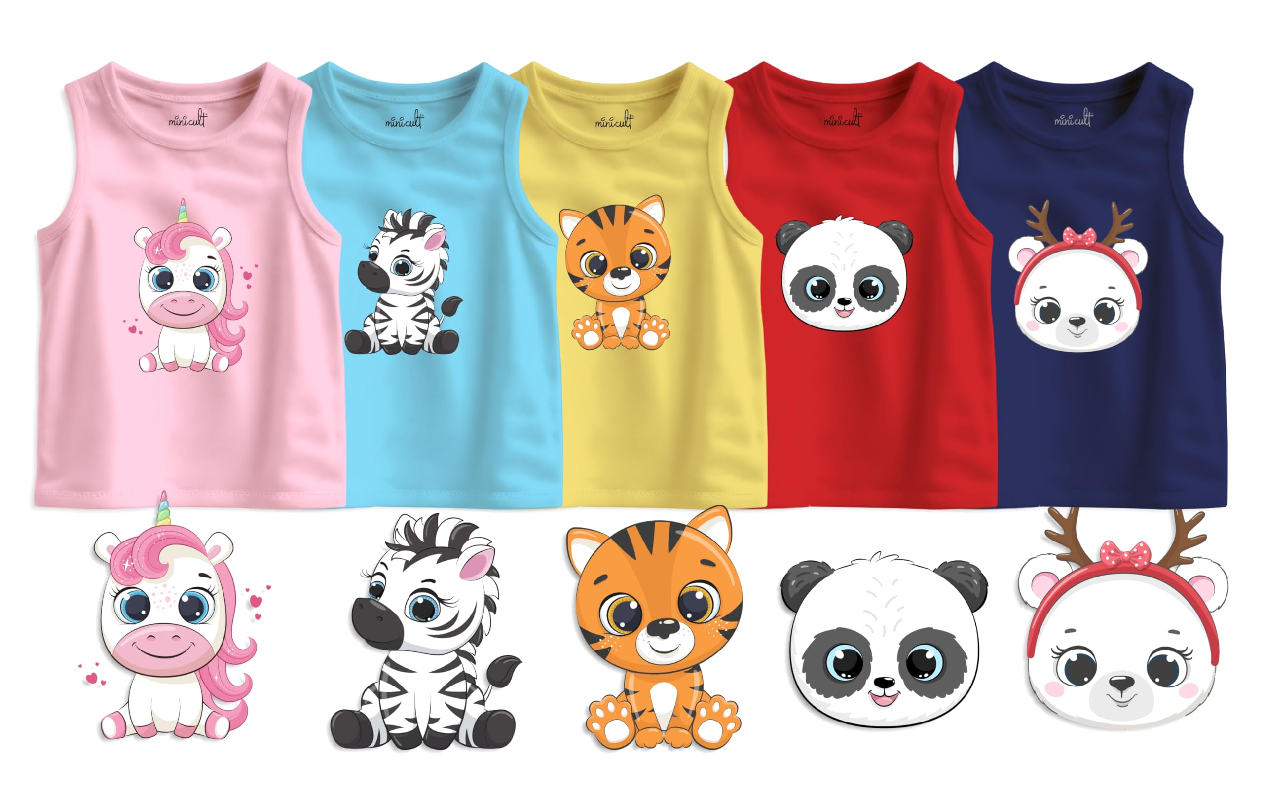 minicult Cotton Kids Vests in Cute Character Prints (Yellow)(Pack of 5)(3-6 MTS) - Image 2 thumbnail