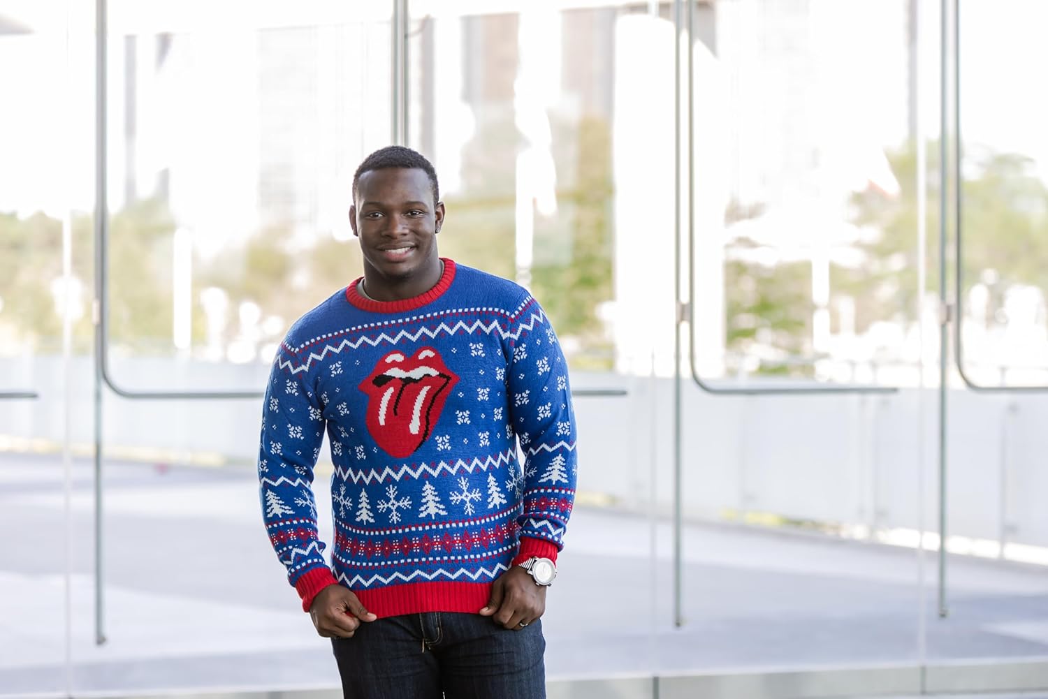 Rolling Stones Classic Tongue Royal Blue Ugly Christmas Sweater (Adult 3X-Large)
