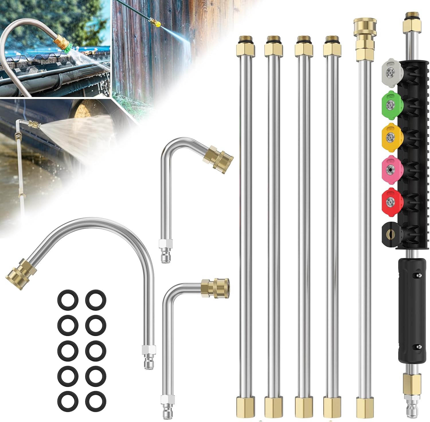Sealegend Pressure Washer Extension Wand with 6 Spray Nozzle Tips for Gutter Cleaning up to 9FT, Upgrade Power Washer Lance with 30°, 90°, U-shaped Curved Rod, 1/4" Quick Connect, 4000 PSI 9 FT