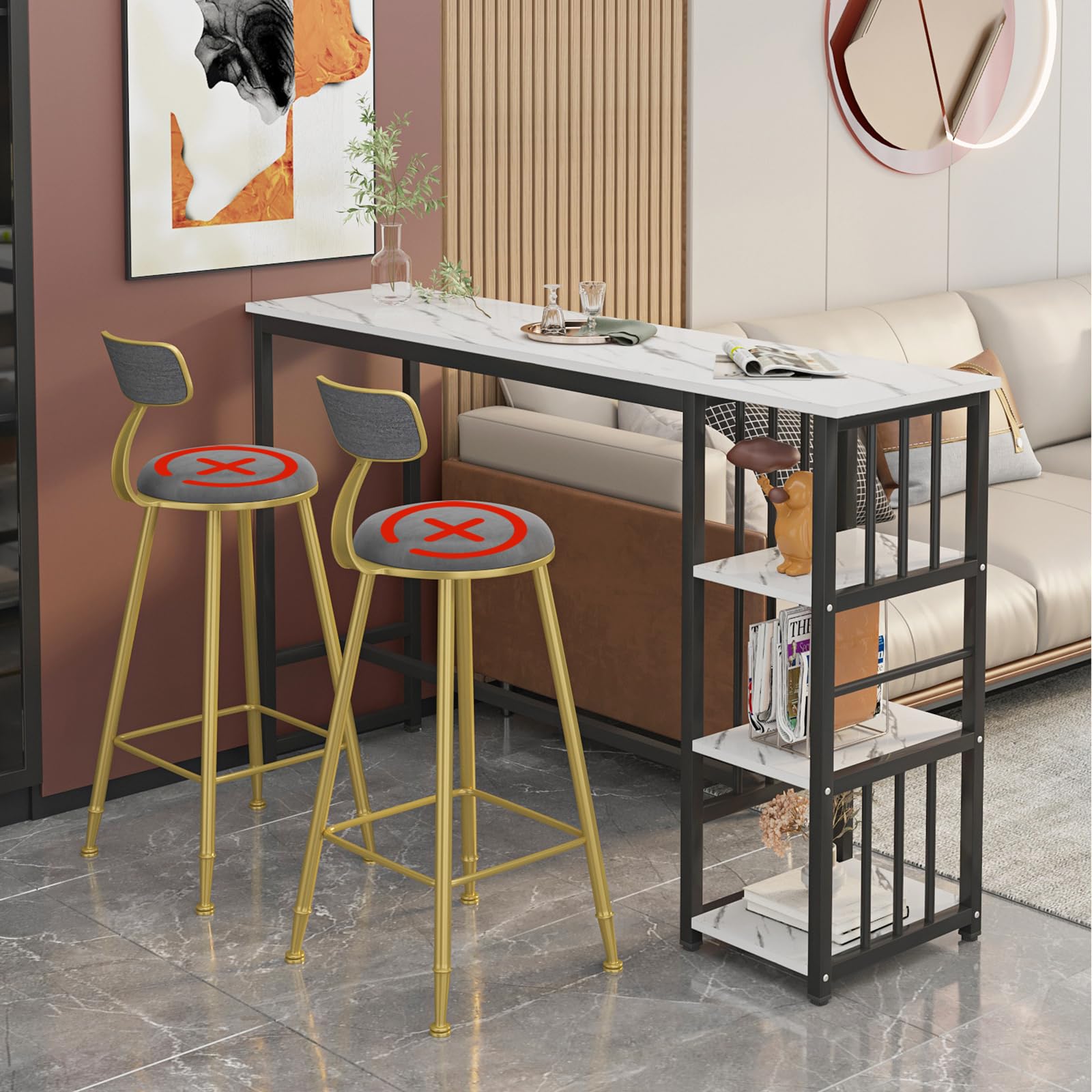 Table de bar pour 2 à 4 personnes, table haute de cuisine avec 3 étagères de rangement, dessus facile à nettoyer, pieds robustes pour petits espaces et appartements