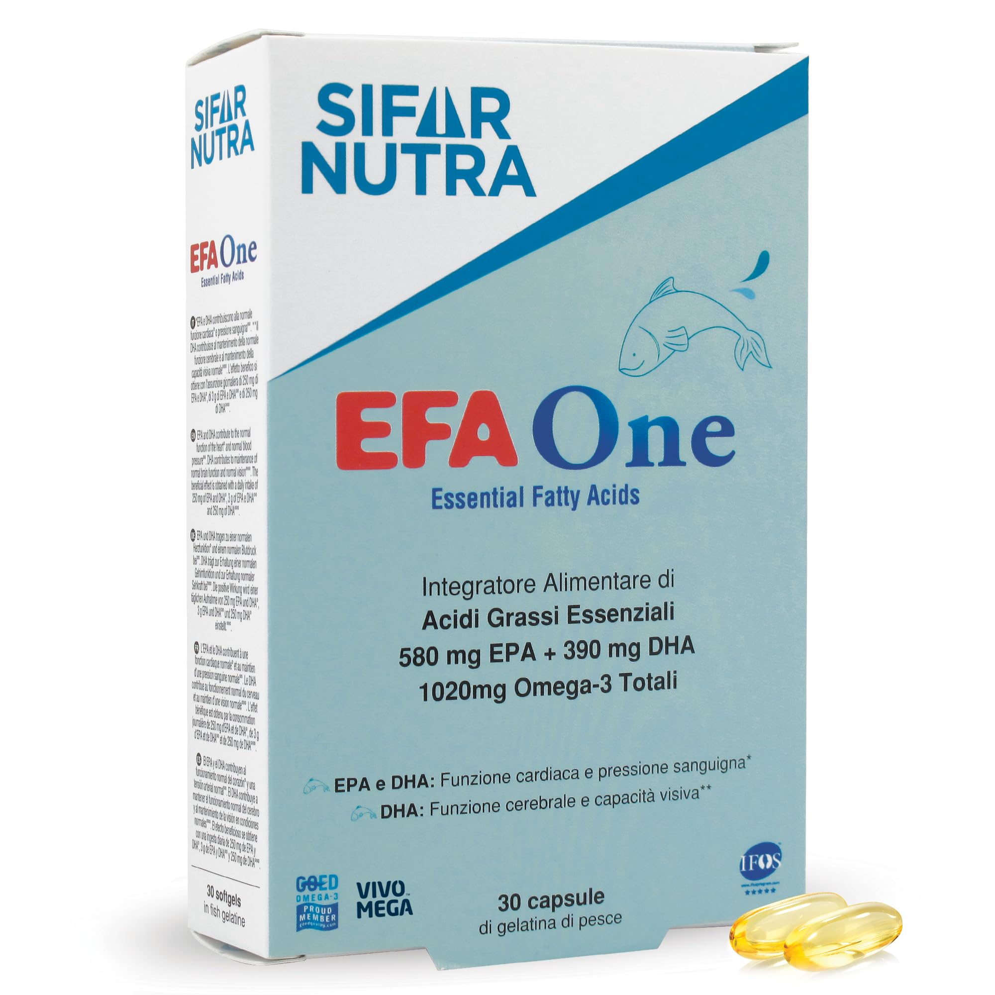 Sifar Nutra EFA One | IFOS certificato 5 stelle | Olio di pesce Omega 3 1020 mg | 580 mg EPA +390 mg DHA | funzione cardiaca | integratore memoria | forma trigliceride | 90 cps (3 Confezioni)