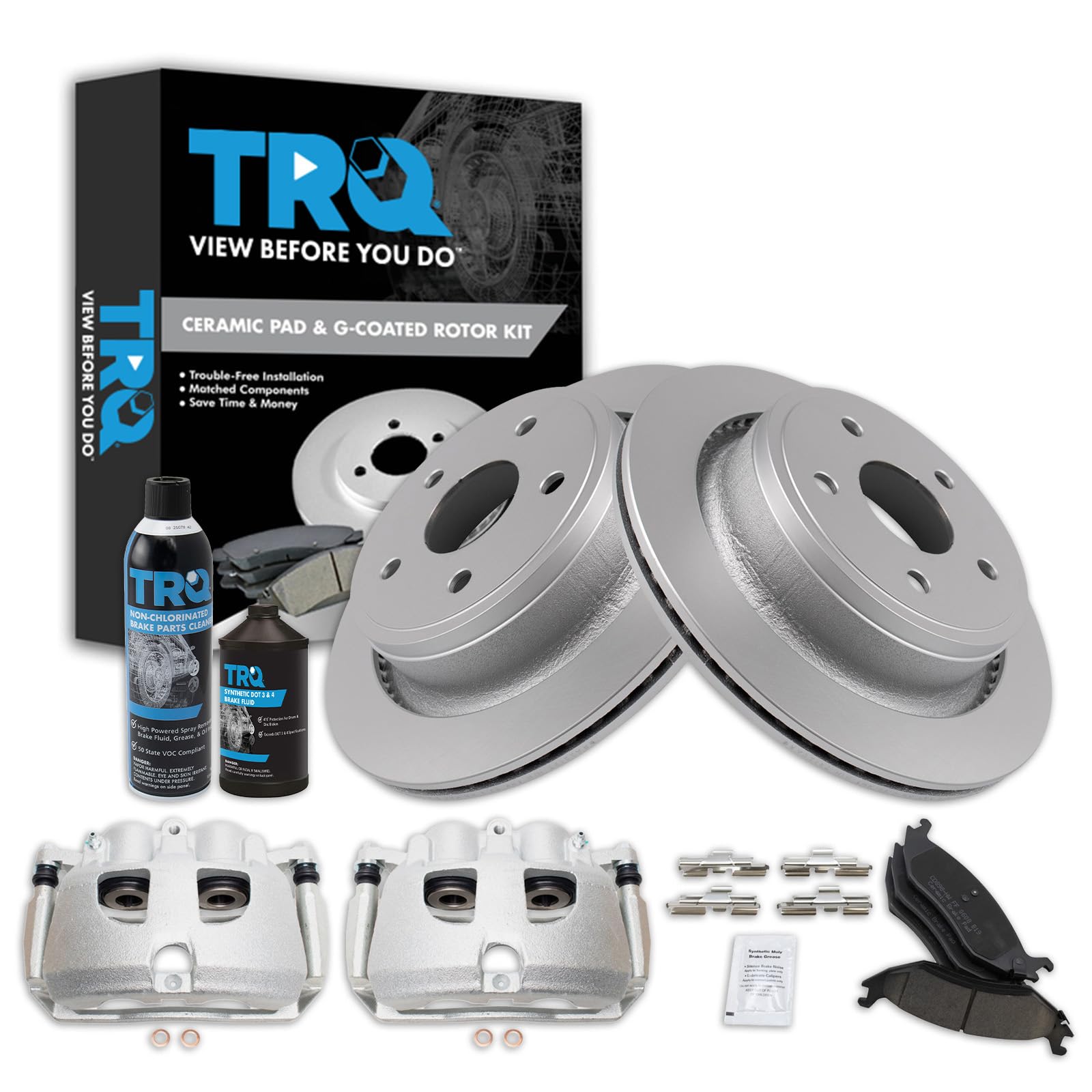 TRQ Rear Brake Pad, Caliper, &amp; Rotor Kit, with Chemical Kit Ceramic Premium G-Coated Compatible with 2012 Ram 1500