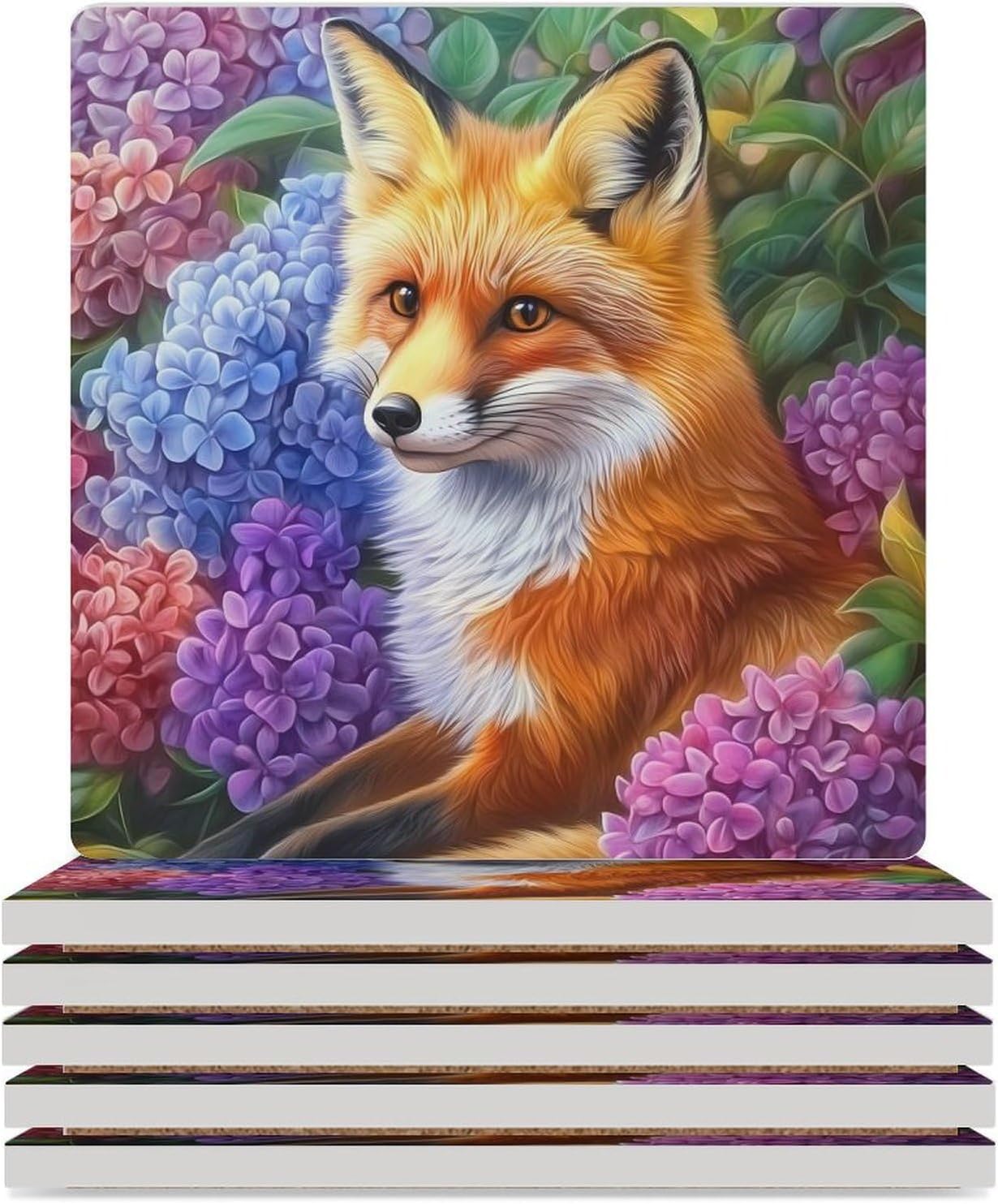 Fox Colorful Flowers Coasters for Drinks Square Table Coasters Set Cup Mats with Cork Base
