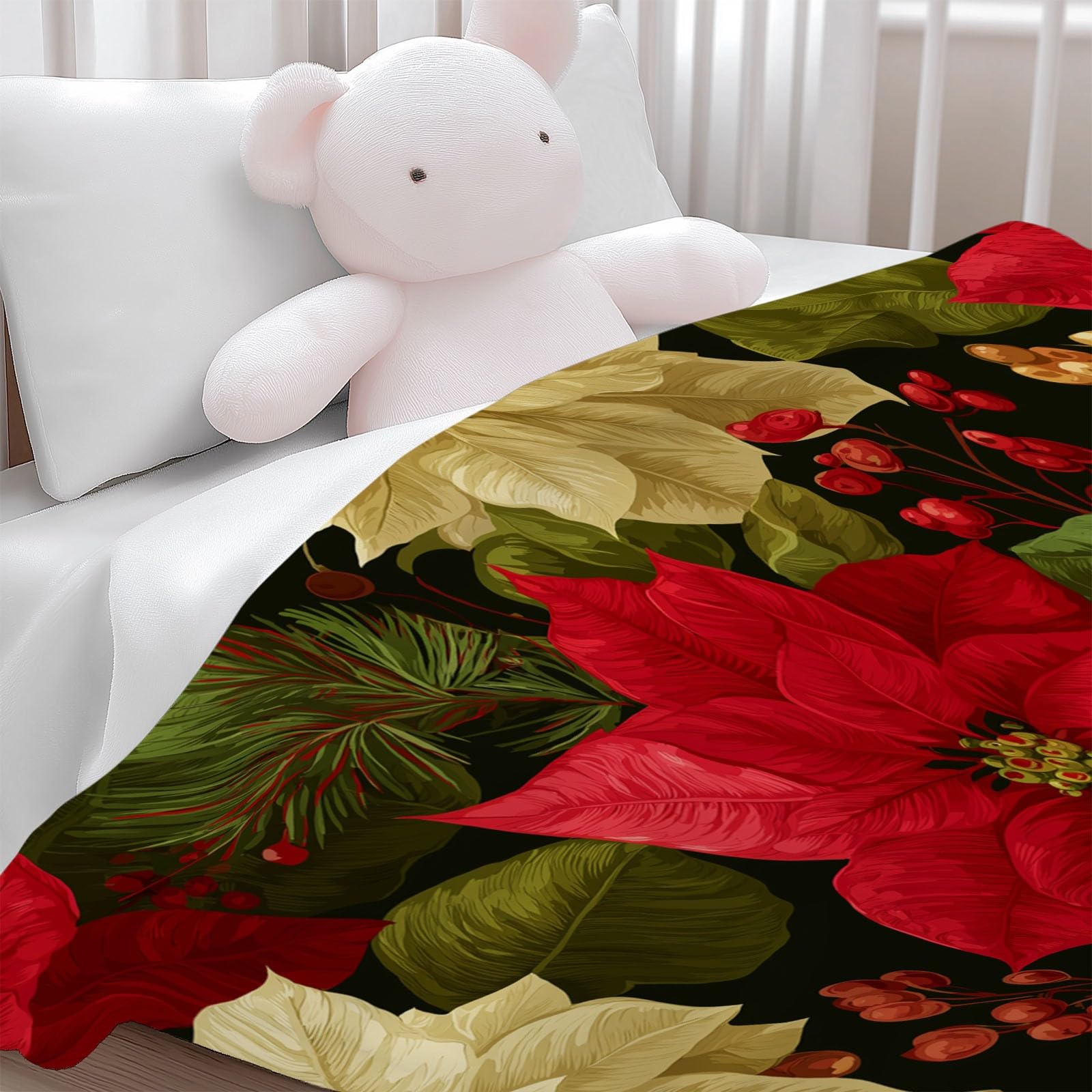Estilo Retro Manta Estampada de Franela 180 x 220 cm, cálida y Suave Planta Flores Navideñas Manta Decorativa para Invierno Cama sofá y Sala de Estar