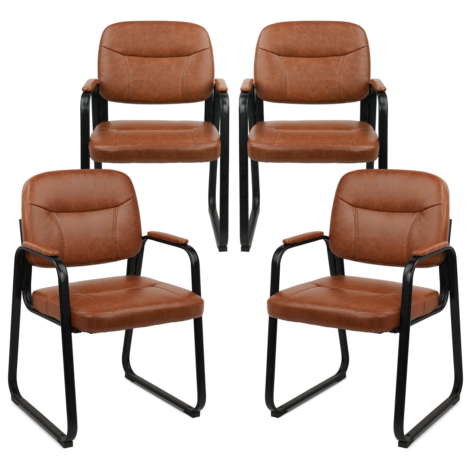 CLATINA Waiting Reception Chairs No Wheel, Leather Guest Chair with Padded Arms, Modern Brown Office Desk Chairs with Sled Base for Office Meeting Conference Room Lobby Home Living Room (4 Pack)