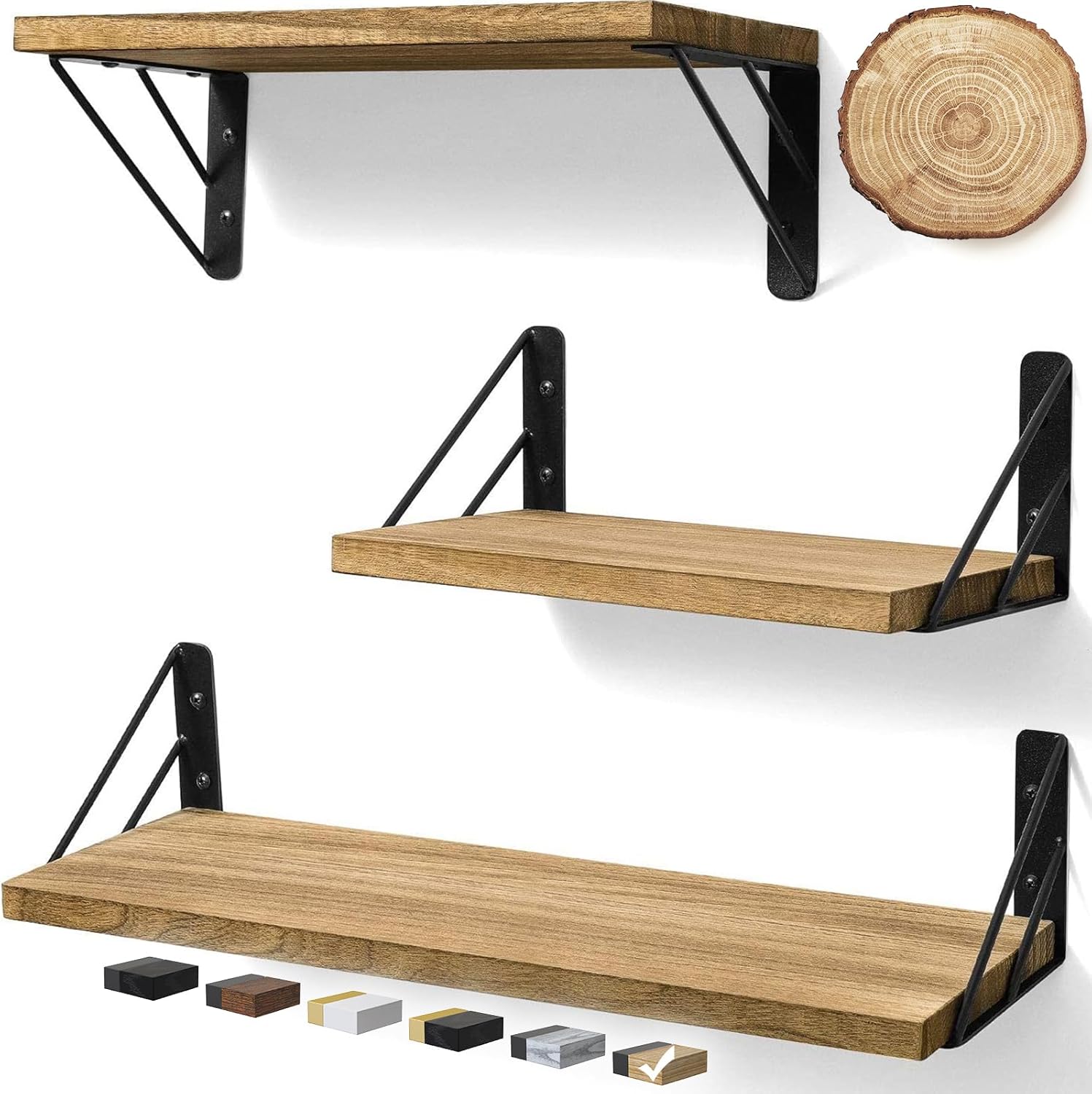 BAYKA Wall Shelves for Bedroom Decor, Floating Wall Shelves for Living Room Kitchen Storage, Wall Mounted Rustic Wood Floating Shelves for Kids Books, Corner Shelves for Bathroom(Brown?Set of 3) Carbonized Brown Board & Black Brackets 3-Piece Set