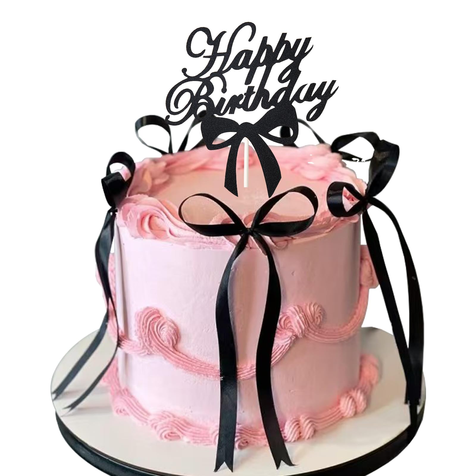 30 Pcs Black Bow Cake Toppers + 2 Acrylic Happy Birthday Signs - Coquette Party Decorations