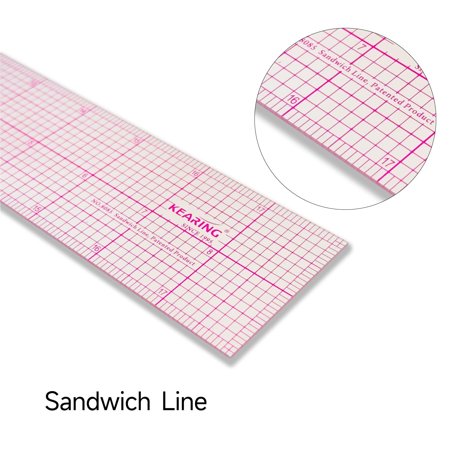 KEARING Clear Sewing Graph Ruler, Sandwich Line, 2 x 18" Transparent Pattern Making Dressmaking Ruler for Sewing and Quilting - Image 4