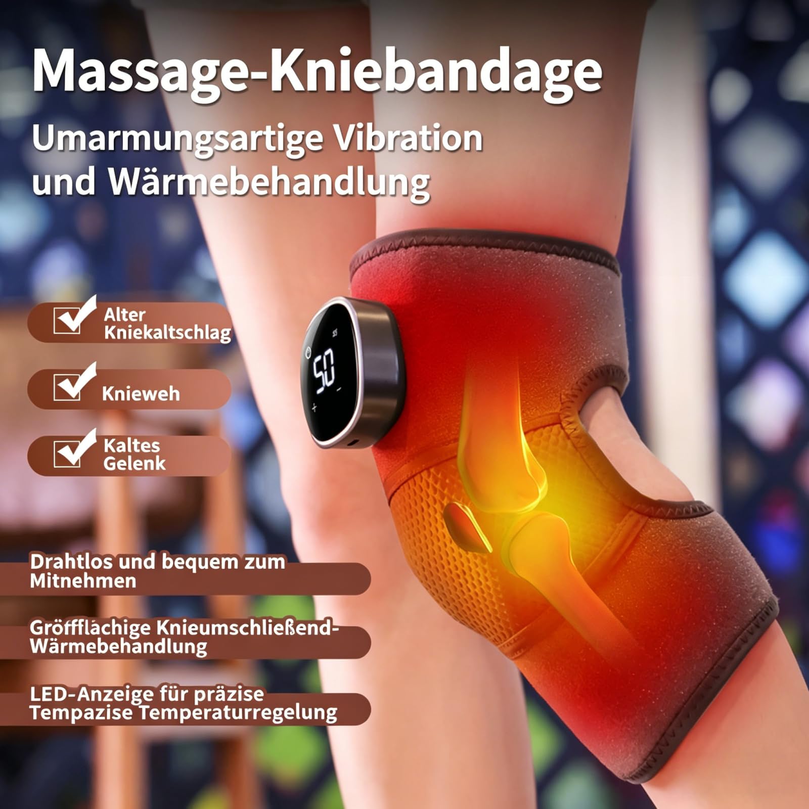 Nuviva Triple Method Knie-Massagegerät,Beheizter Kniemassager mit Vibration,verstellbare Gurte,für Knie,Schultern und Ellbogen,drahtlos,tragbar mit langer Akkuleistung